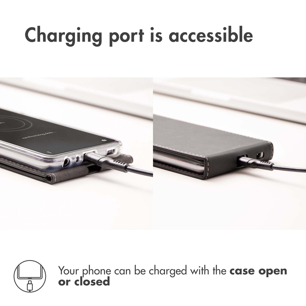 Dos imágenes muestran un teléfono inteligente cargándose mediante un cable con su funda abierta y cerrada.