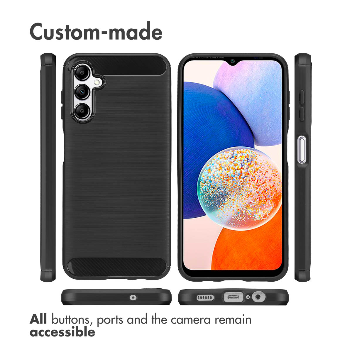 Una custodia per smartphone nera mostrata da più angolazioni, evidenziando fotocamera e pulsanti.