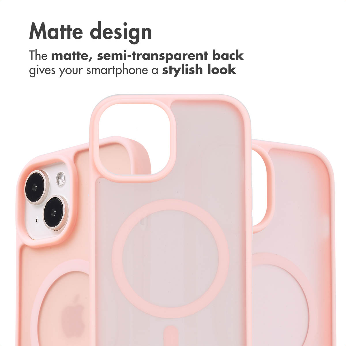 Drie roze matte smartphonehoesjes met MagSafe-ring en camera-uitsparing op een witte achtergrond.