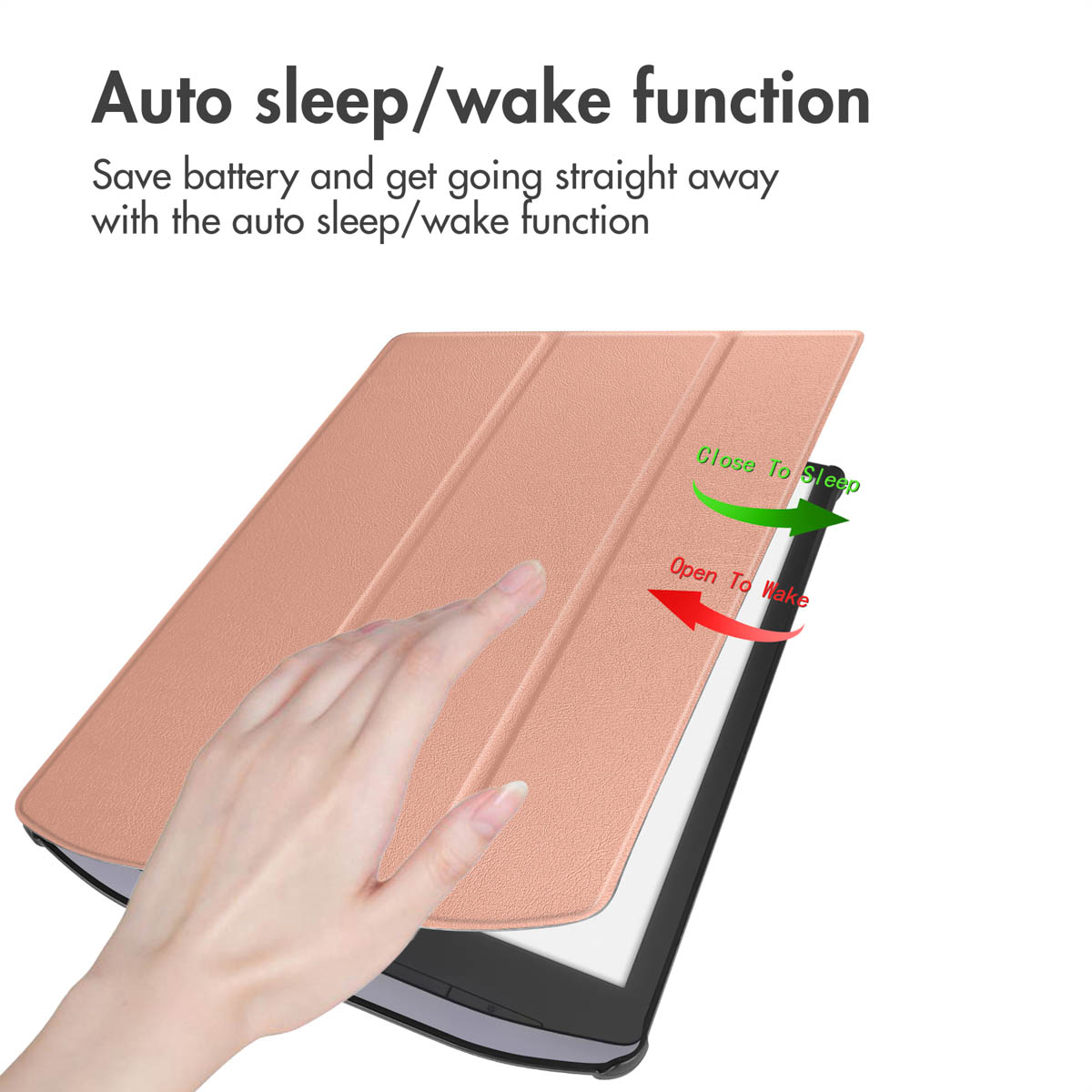 Een hand opent een roségoud tablet hoesje, wat de auto slaap/waak-functie toont.