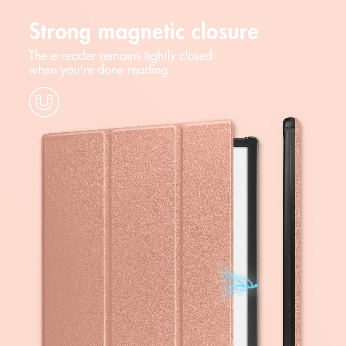 Een roze e-readerhoesje met tekst erboven tegen een perzikachtergrond.