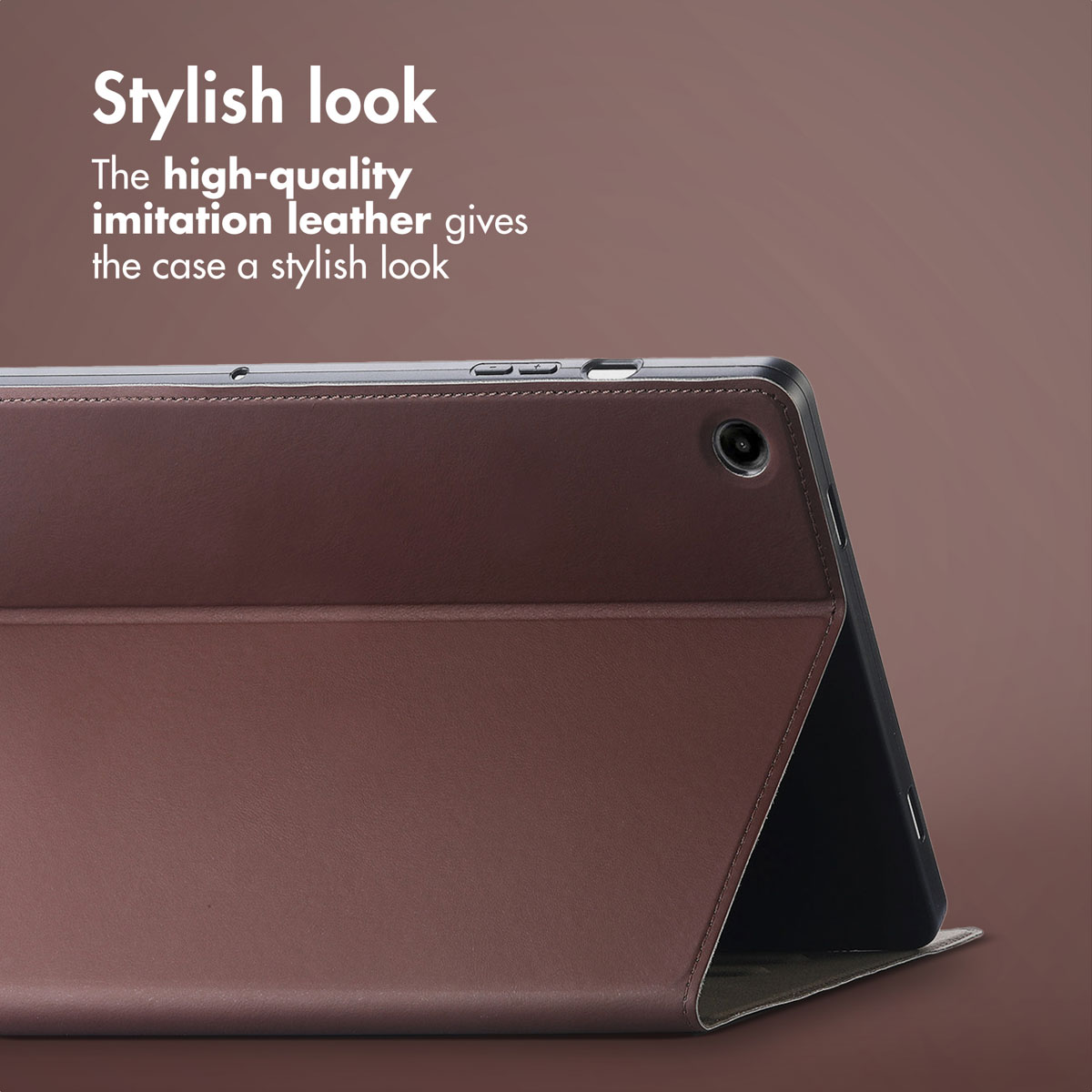 A brown leather tablet case with a camera cutout against a brown background.