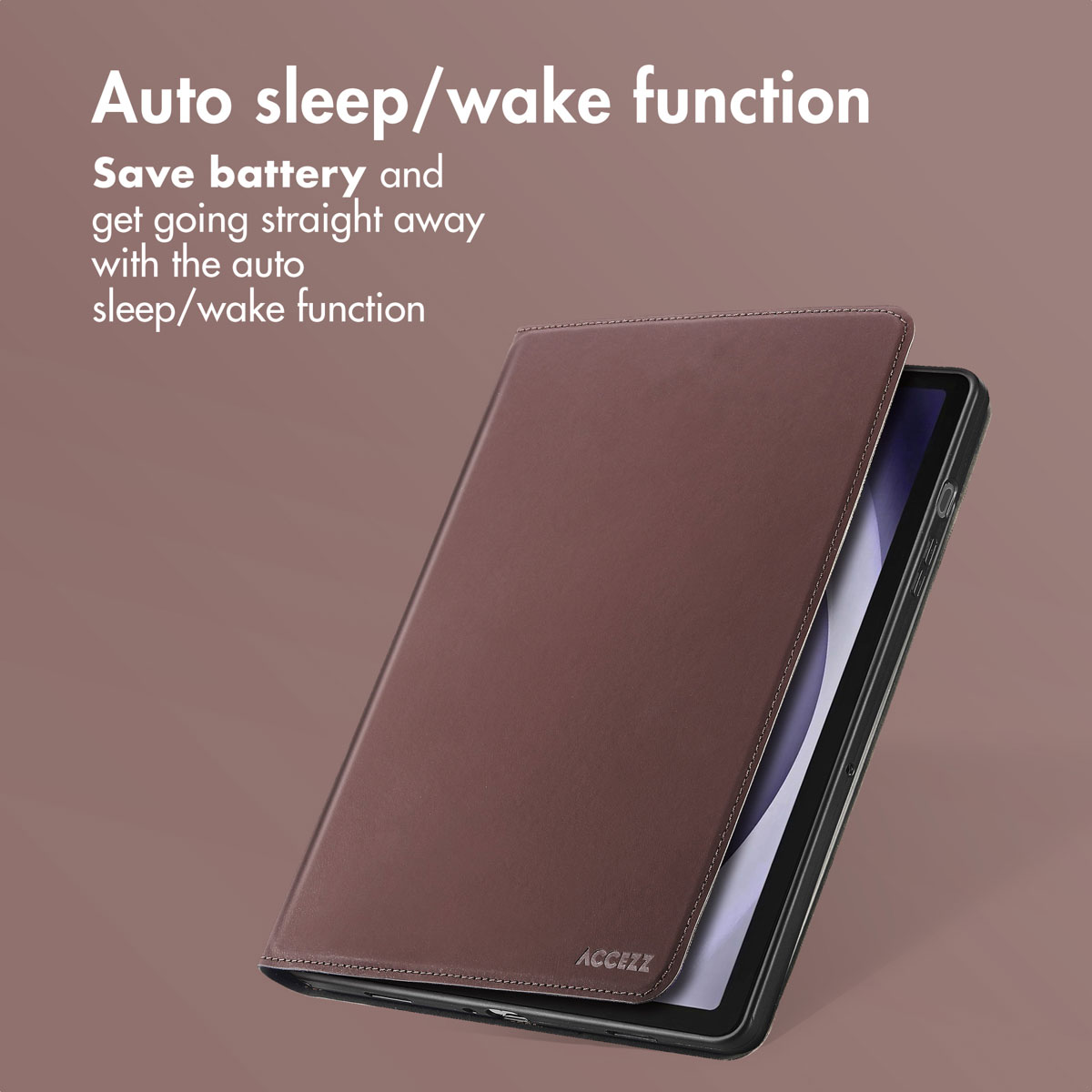 A brown tablet cover featuring auto sleep and wake function against a solid brown background.
