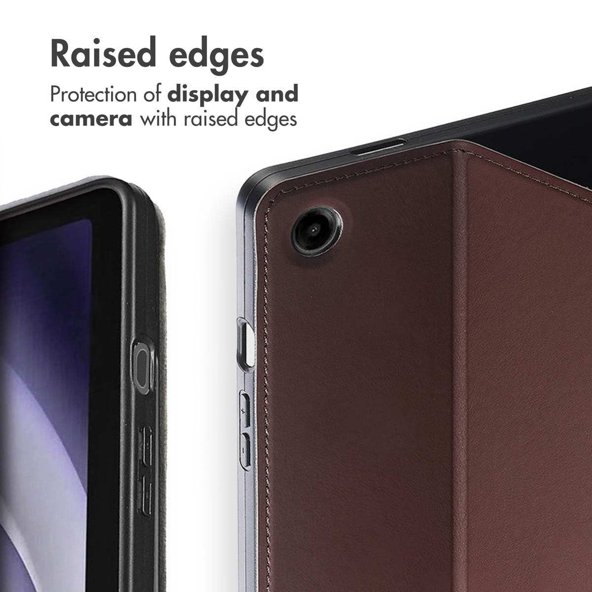 Brown tablet case featuring raised edges for display and camera protection.