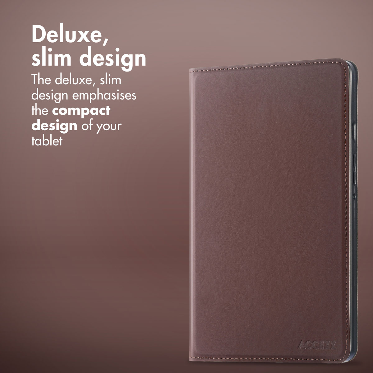 Slim, brown tablet case on a brown background with text.