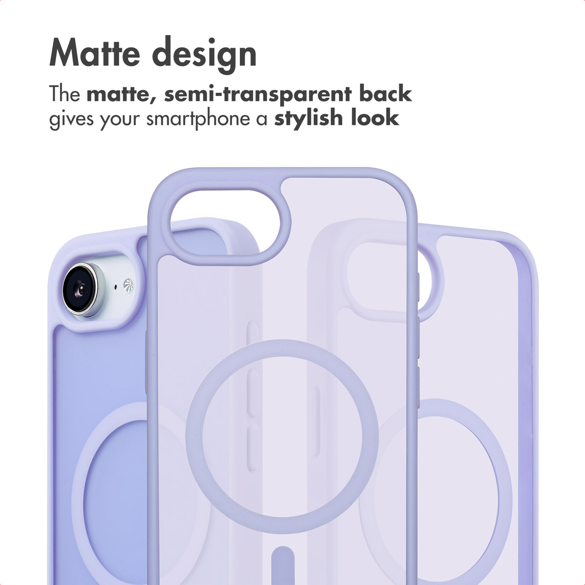 Coque de téléphone violette mate avec anneau MagSafe et texte sur le design.