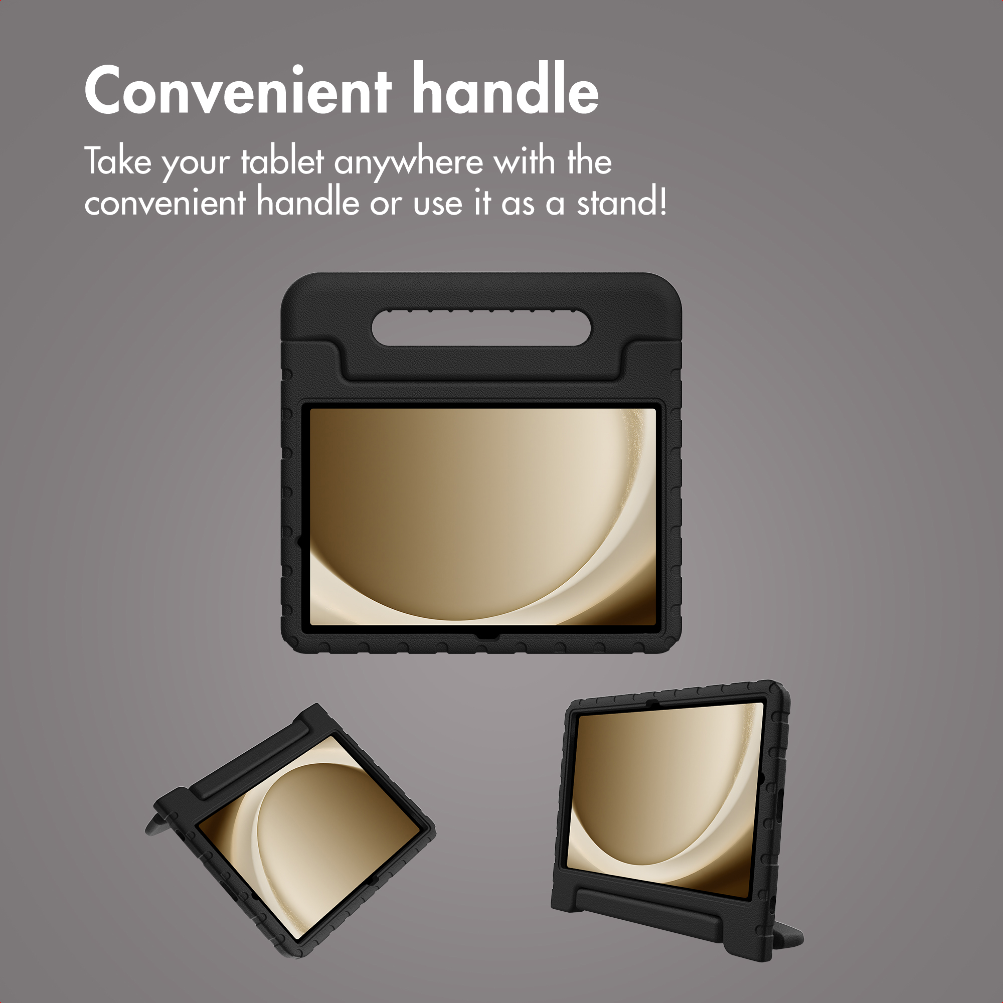 A black tablet case with a convenient handle that also functions as a stand, shown from three different angles.