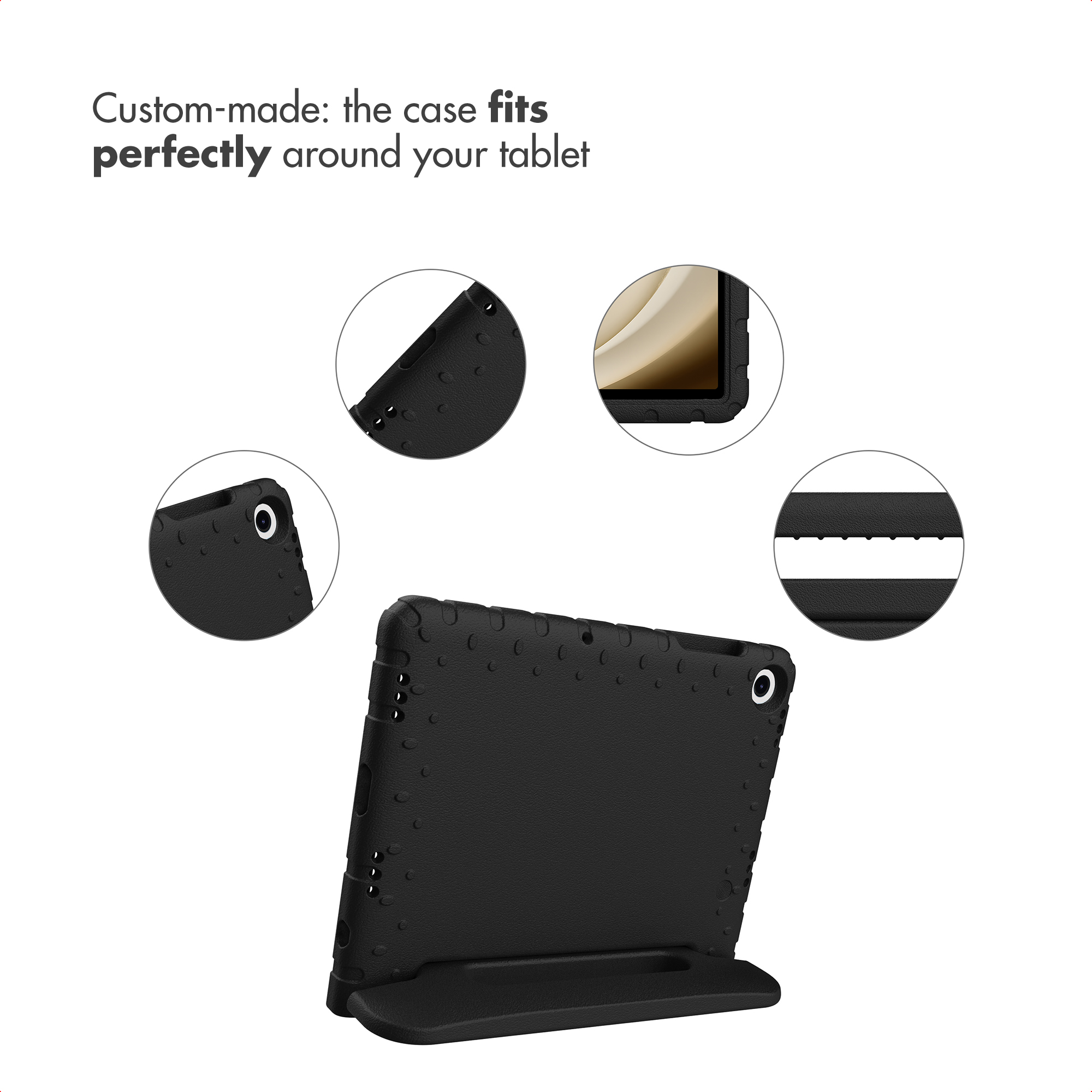 A black tablet case with a built-in stand and four circular close-ups showing the precise fit and ports.