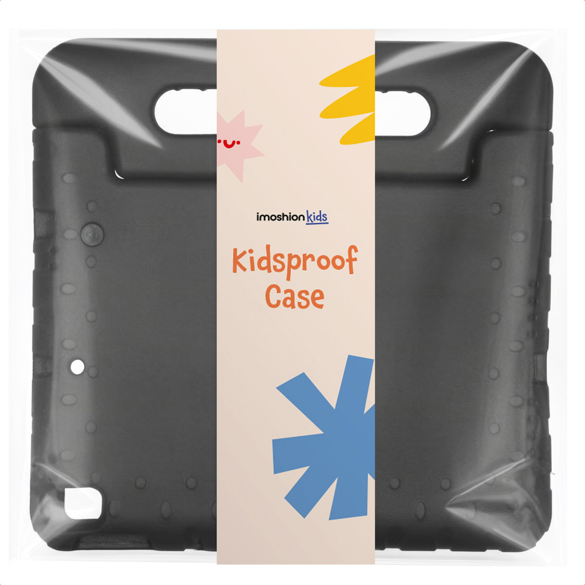 Coque de protection noire pour enfants avec poignée dans un emballage transparent.