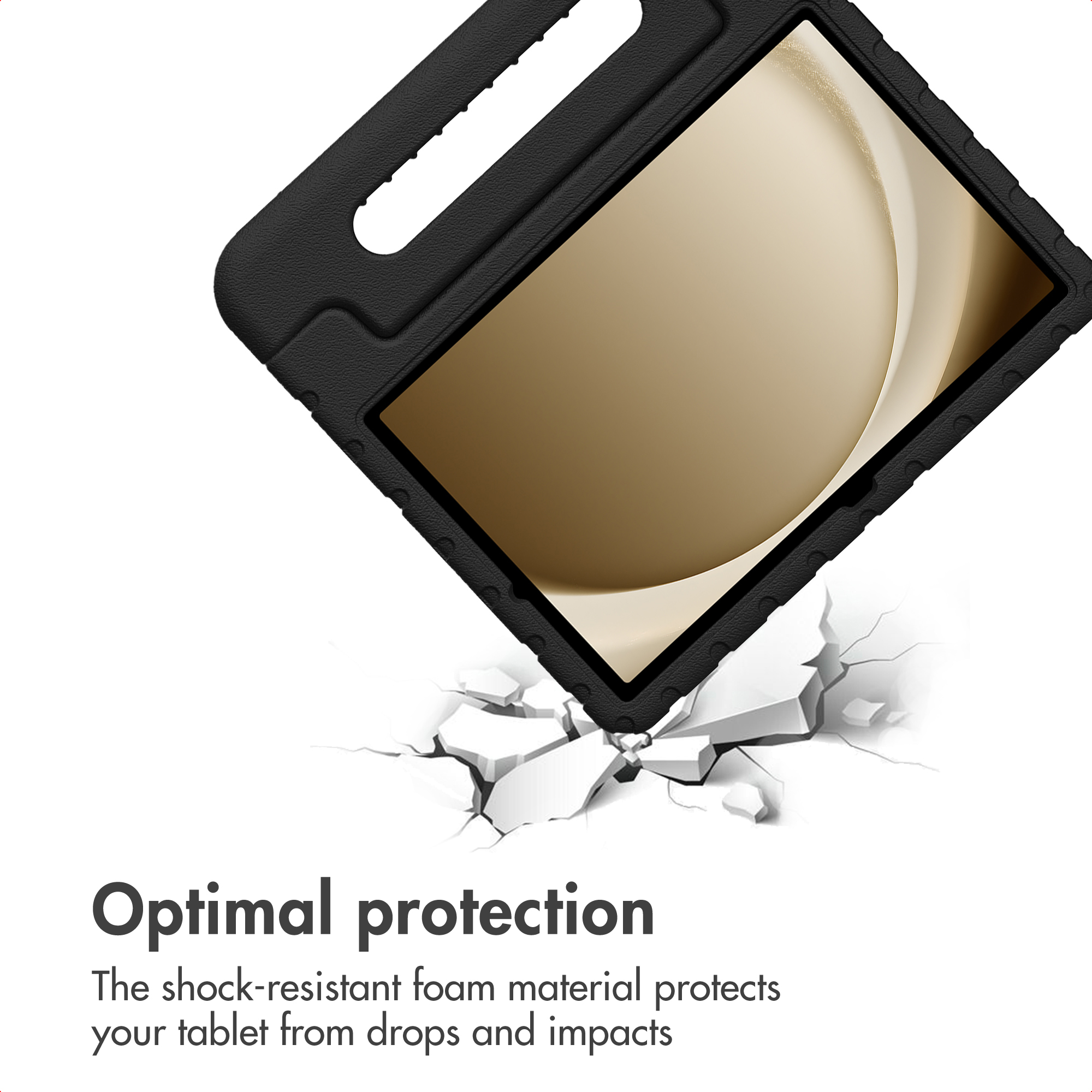 A tablet in a black protective case breaks through a white surface, with text below.