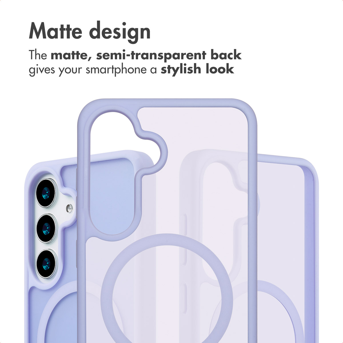Una custodia per smartphone viola chiaro opaca con apertura per fotocamera e anello magnetico.