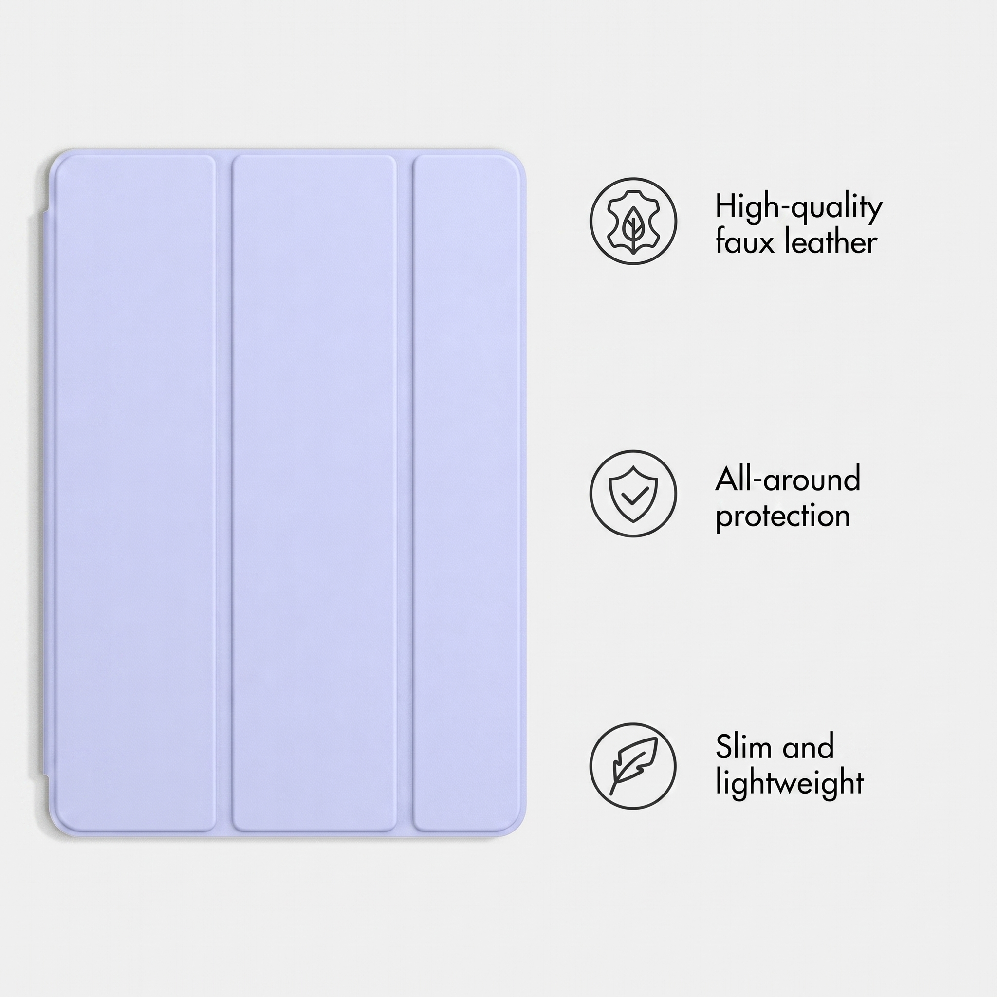 Una custodia per tablet viola chiaro con tre icone che mostrano ecopelle, protezione e design leggero.