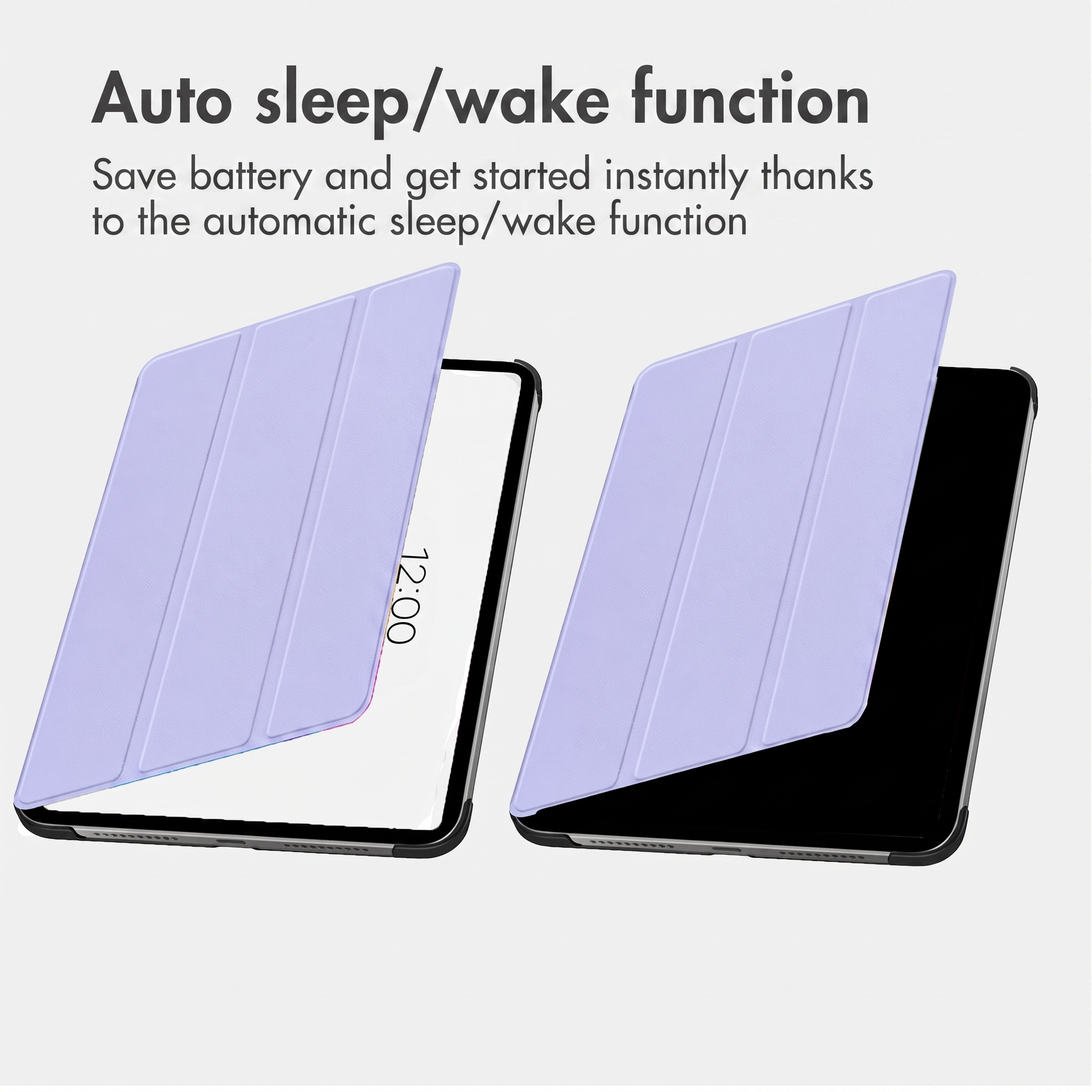 Due tablet con cover viola mostrano la funzione di spegnimento e riattivazione automatica.