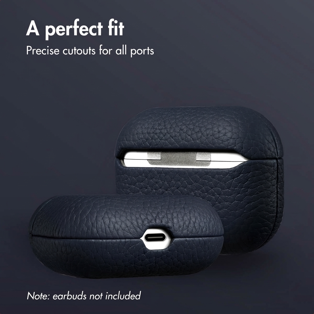 Estuche de cuero azul oscuro para AirPods con recortes precisos sobre fondo oscuro.