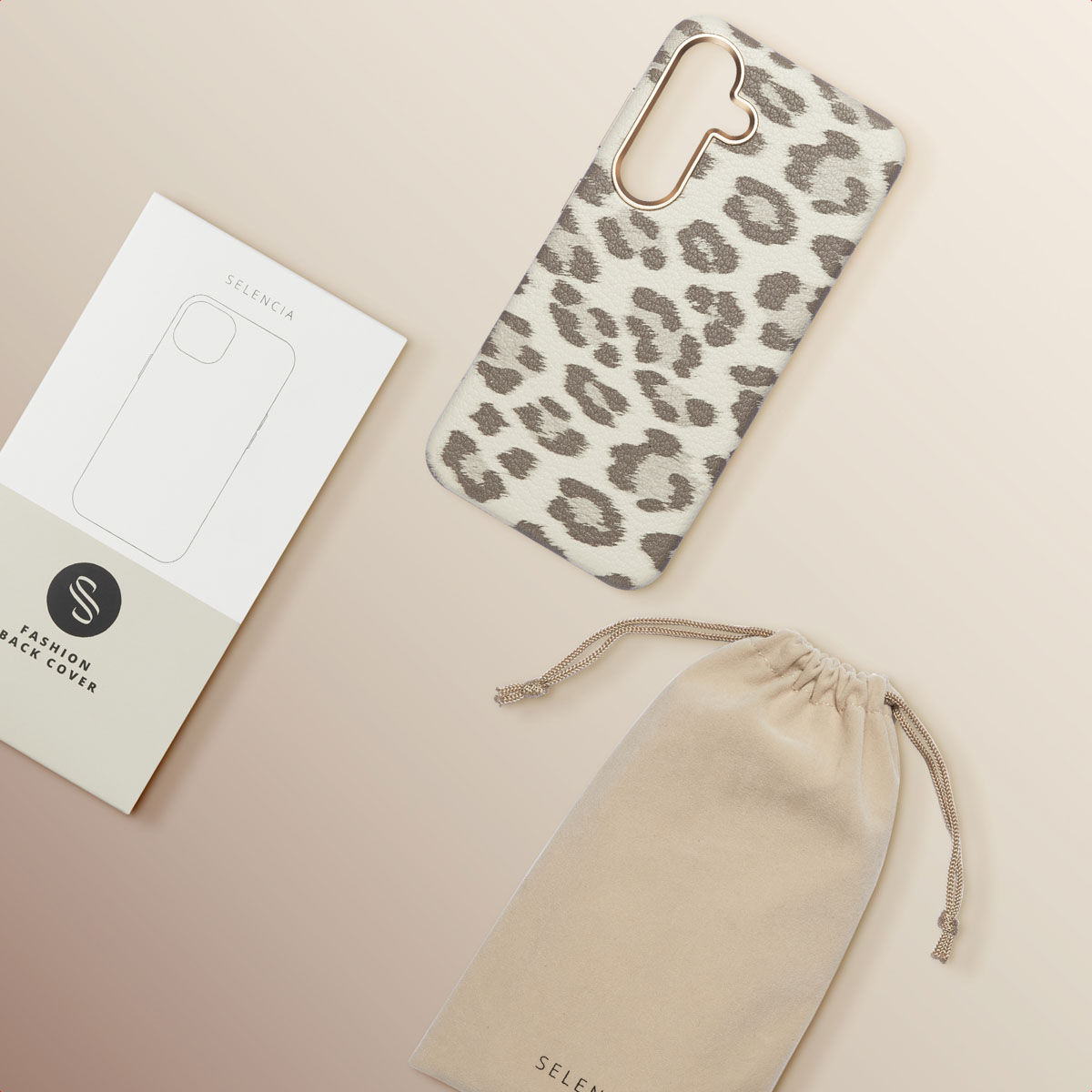Funda de móvil con estampado de leopardo, caja de embalaje y bolsita.