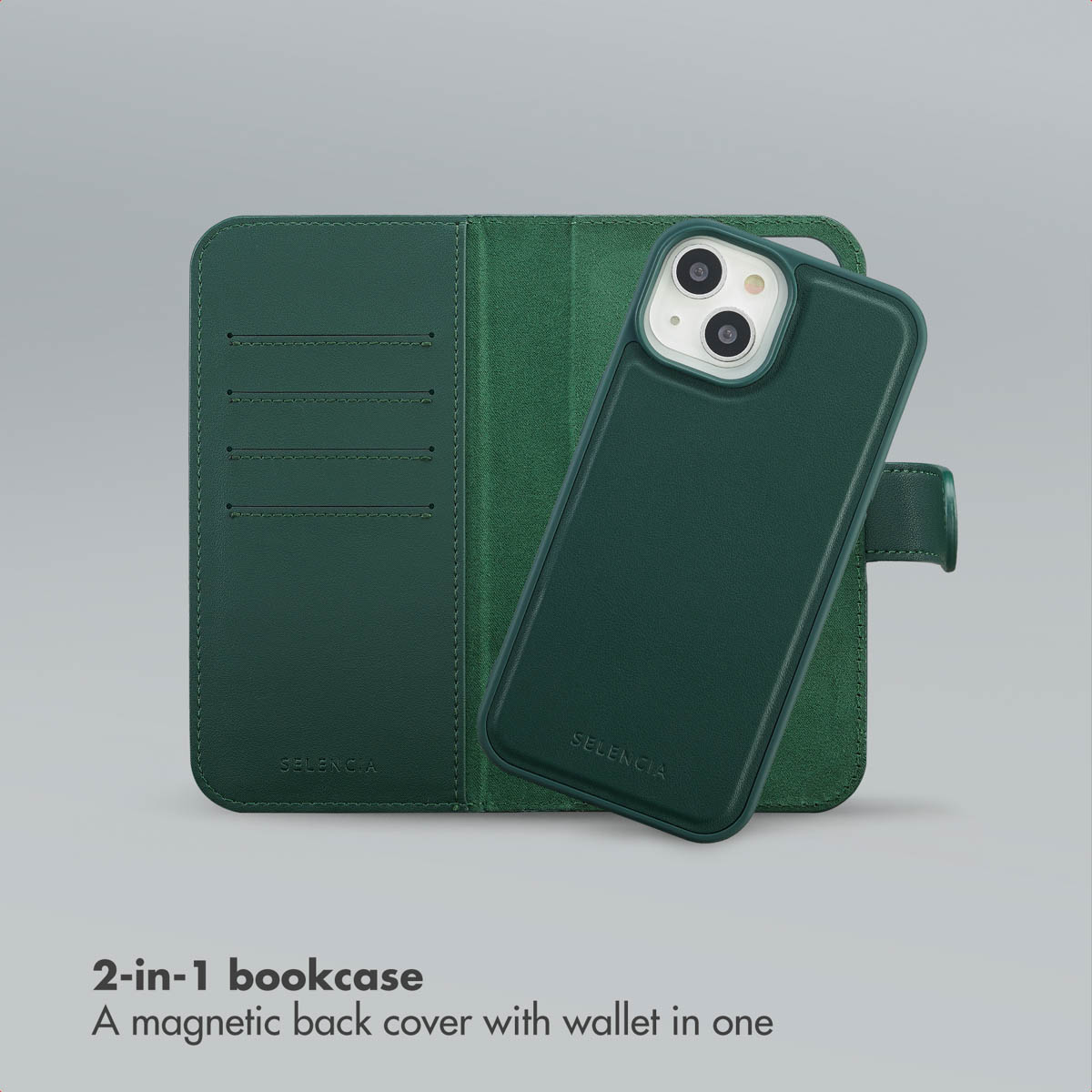 Custodia a libro verde 2 in 1 con cover magnetica e portafoglio su sfondo grigio.