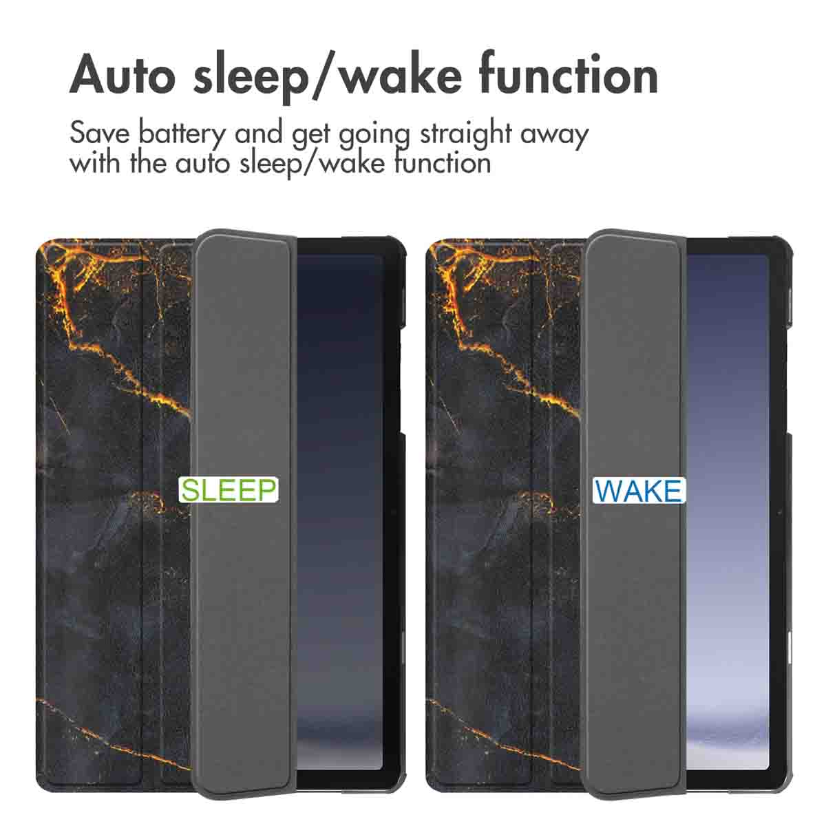 Tablet case demonstrating the auto sleep and wake function to save battery.