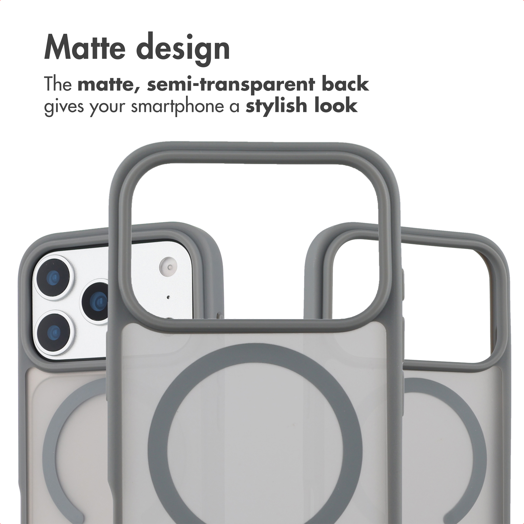 Three matte, semi-transparent smartphone cases with grey frames and MagSafe rings on a white background.