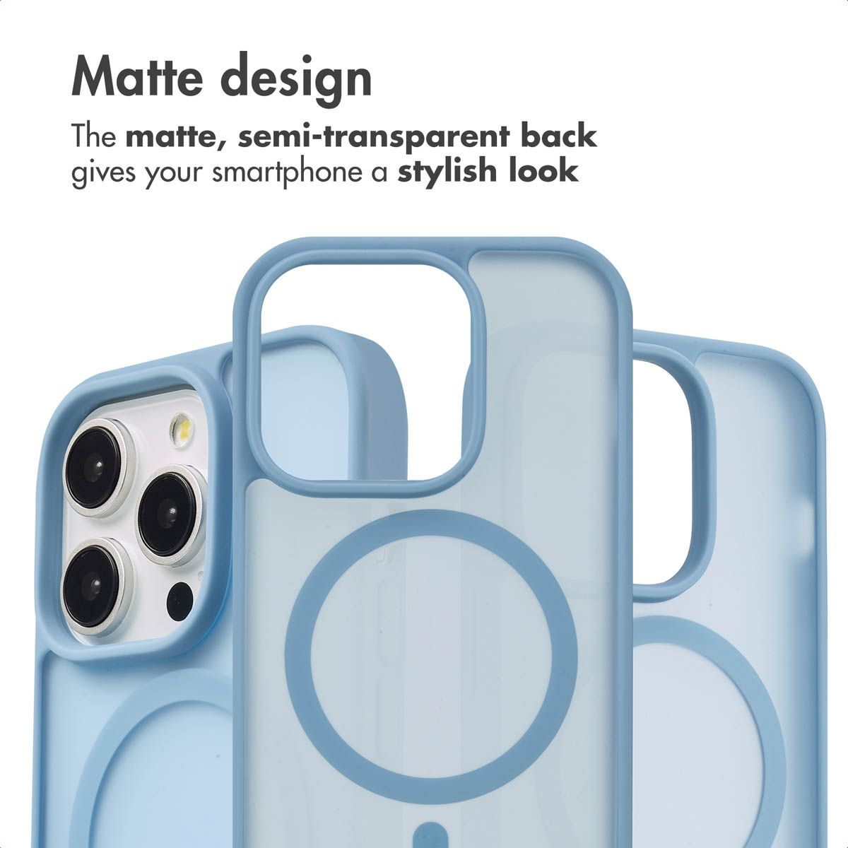 Custodia per smartphone blu opaca con anello MagSafe e foro per fotocamera.
