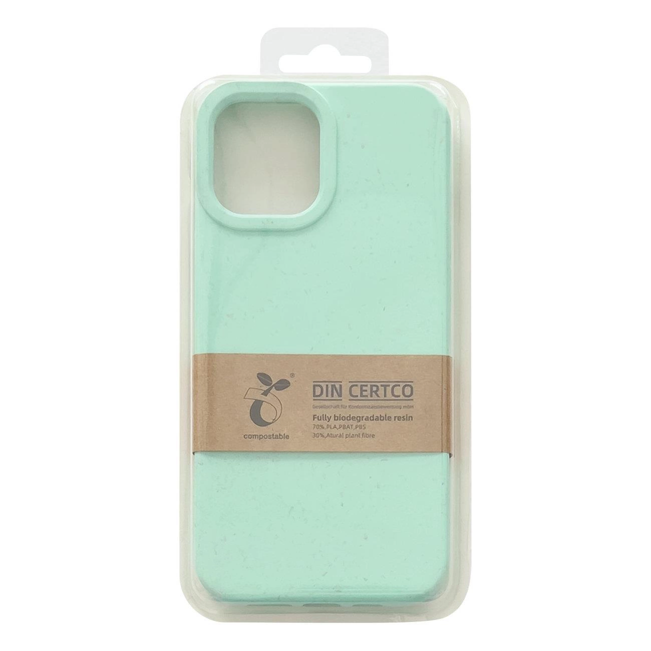 Custodia per telefono compostabile verde chiaro in confezione trasparente con fascia di carta.