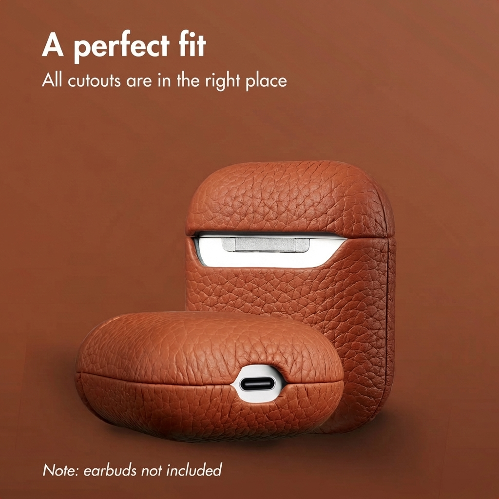 Estuche de cuero marrón para AirPods con aberturas para el puerto y la bisagra sobre fondo marrón.
