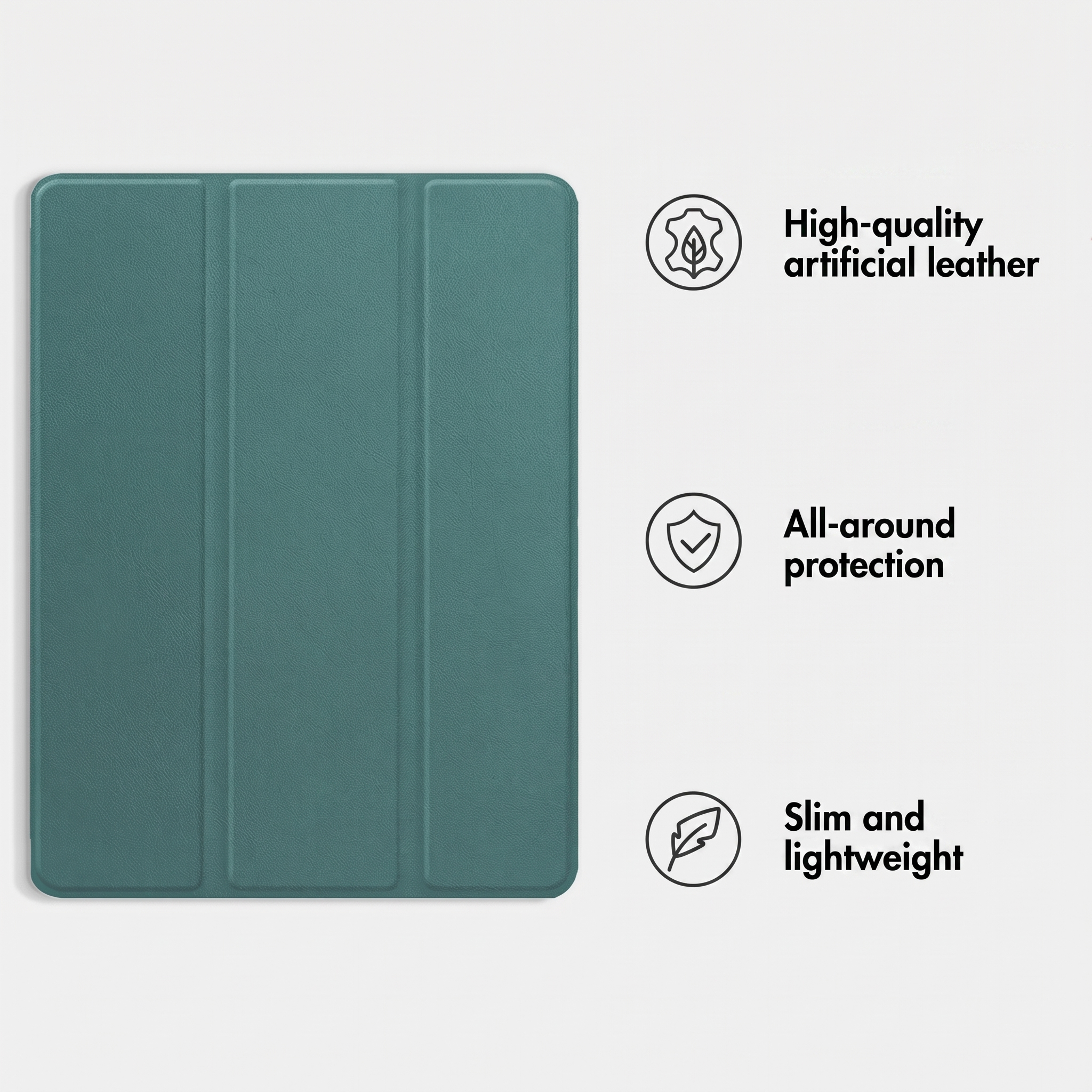 Custodia per tablet verde con tre caratteristiche chiave: pelle artificiale, protezione totale e design sottile.
