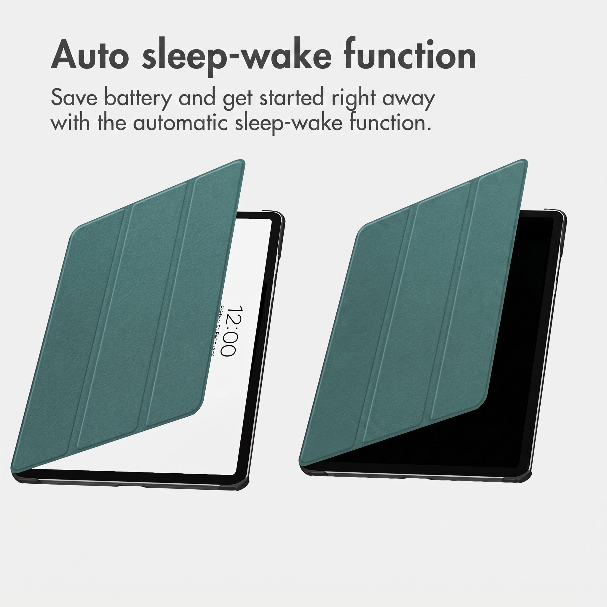 Due tablet con custodie verdi dimostrano la funzione di spegnimento e riattivazione automatica.