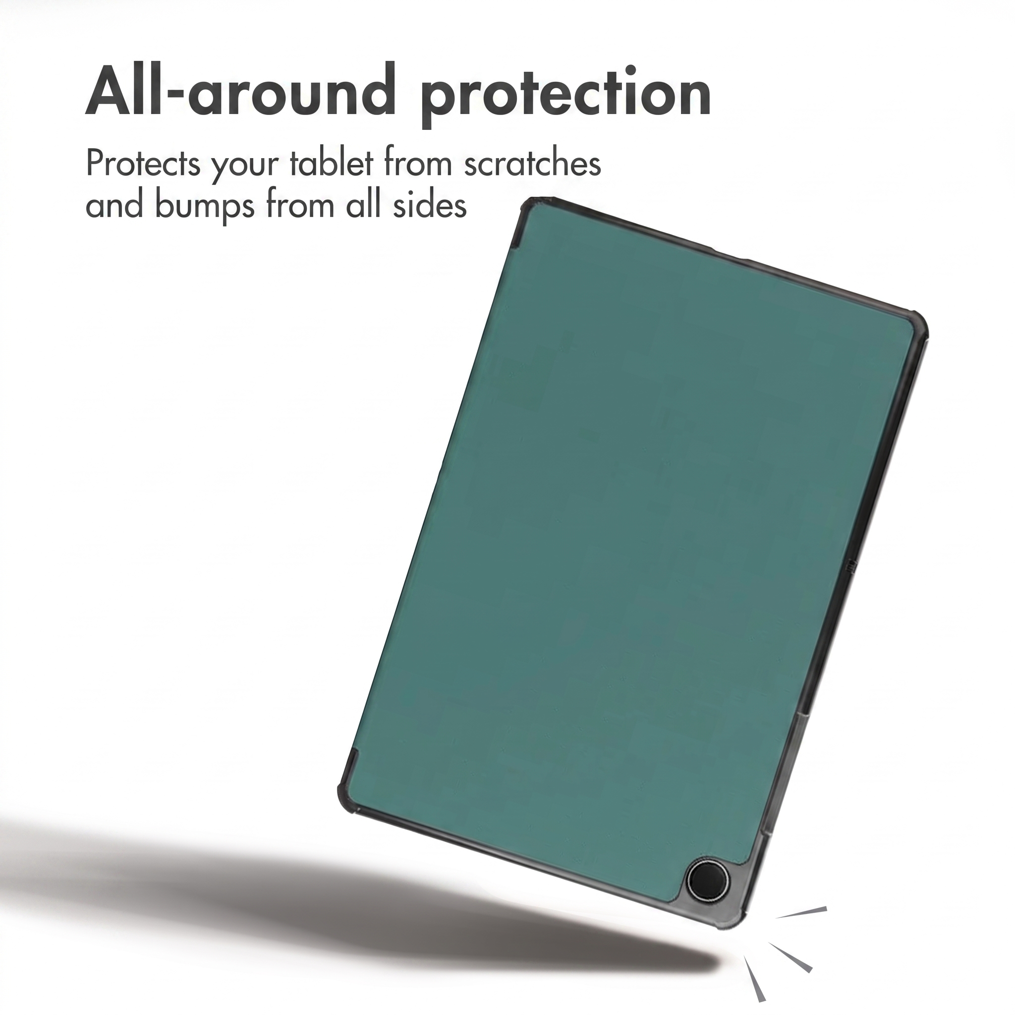 Een groene tablet in hoesje met linksboven de tekst All-around protection.