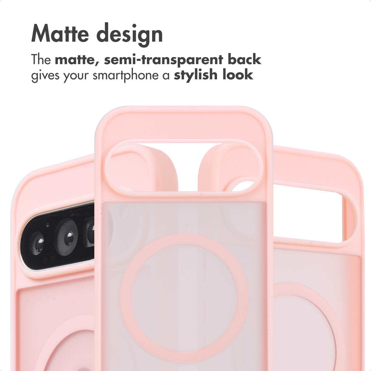 Cover per smartphone rosa con retro opaco semitrasparente e ritagli per fotocamera su sfondo bianco.