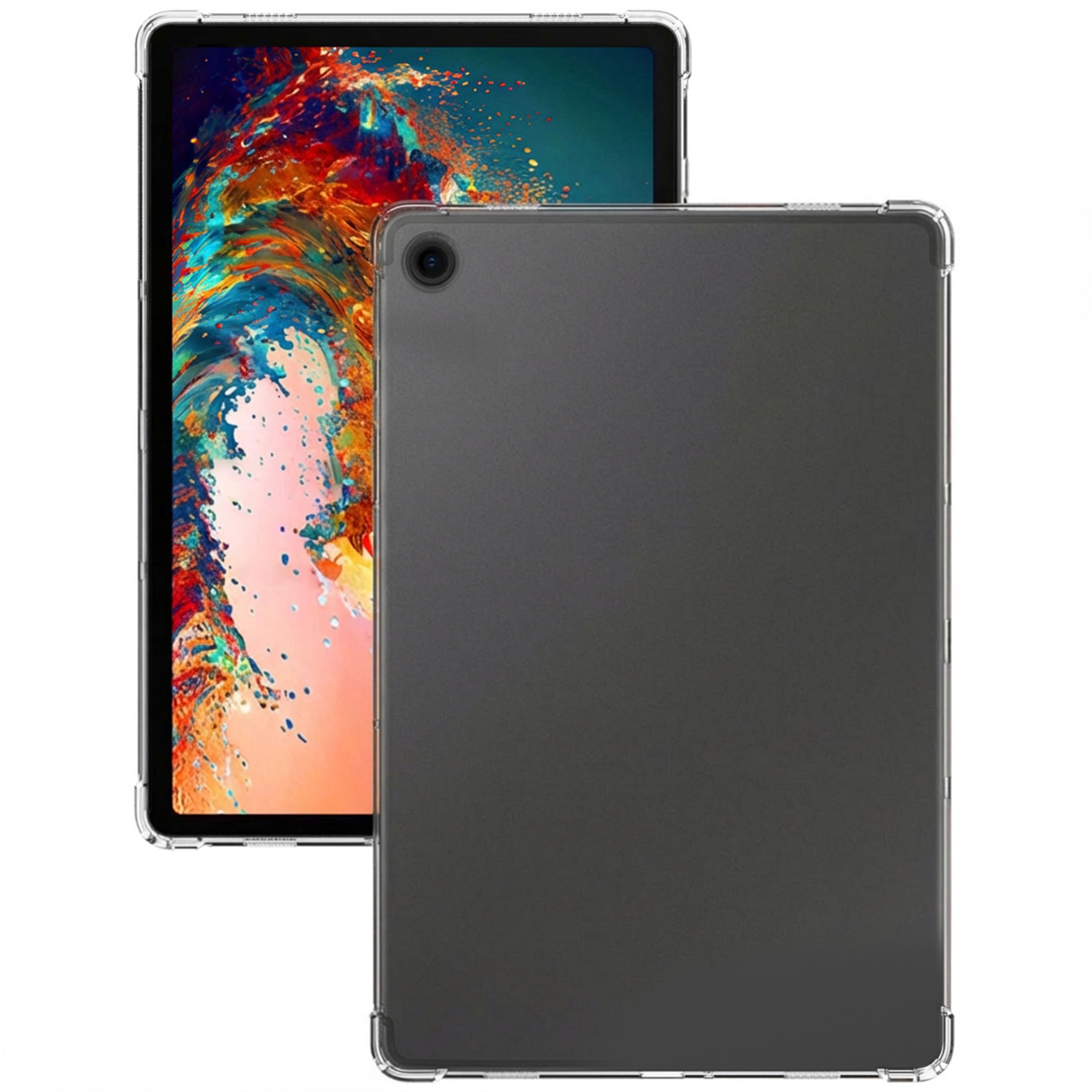 A tablet in a clear protective case, showing a colorful screen and the dark grey back.