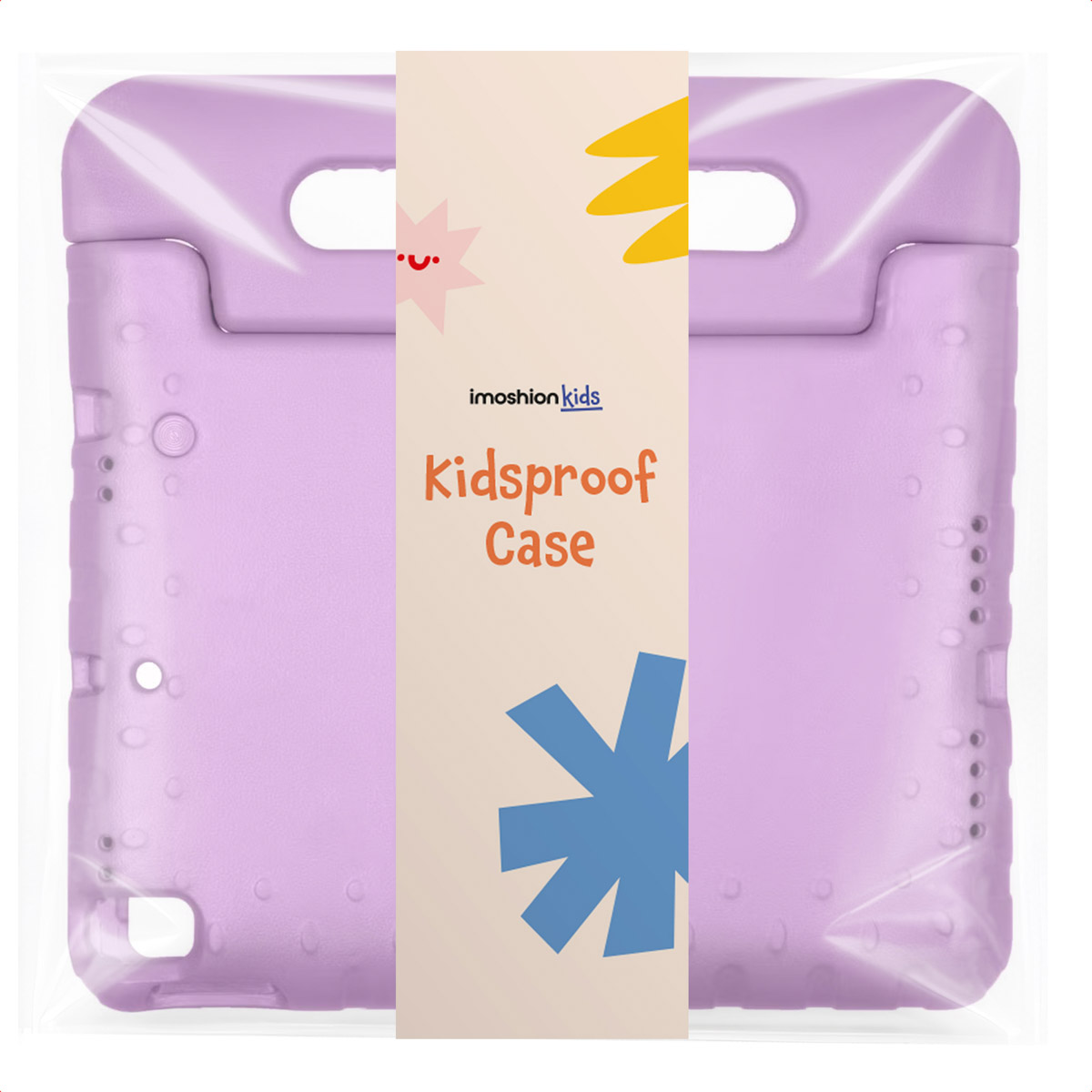 Een paarse kinder-tablethoes in een doorzichtige verpakking met een kartonnen band met Kidsproof Case.