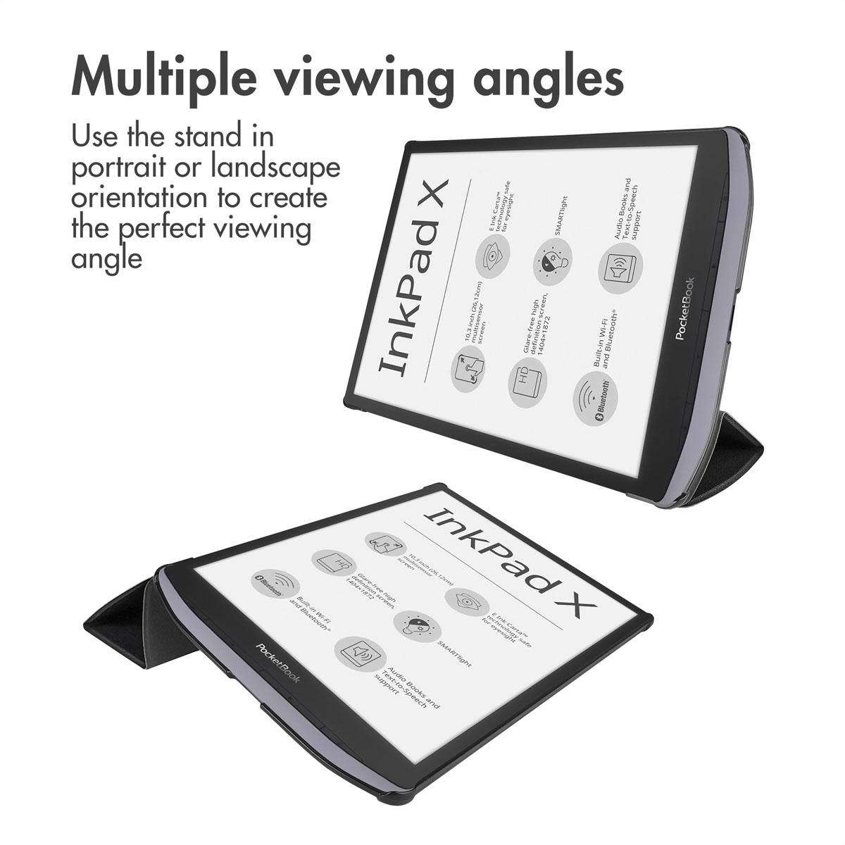 Twee PocketBook InkPad X e-readers in zwarte hoesjes, getoond in portret- en landschapstand.