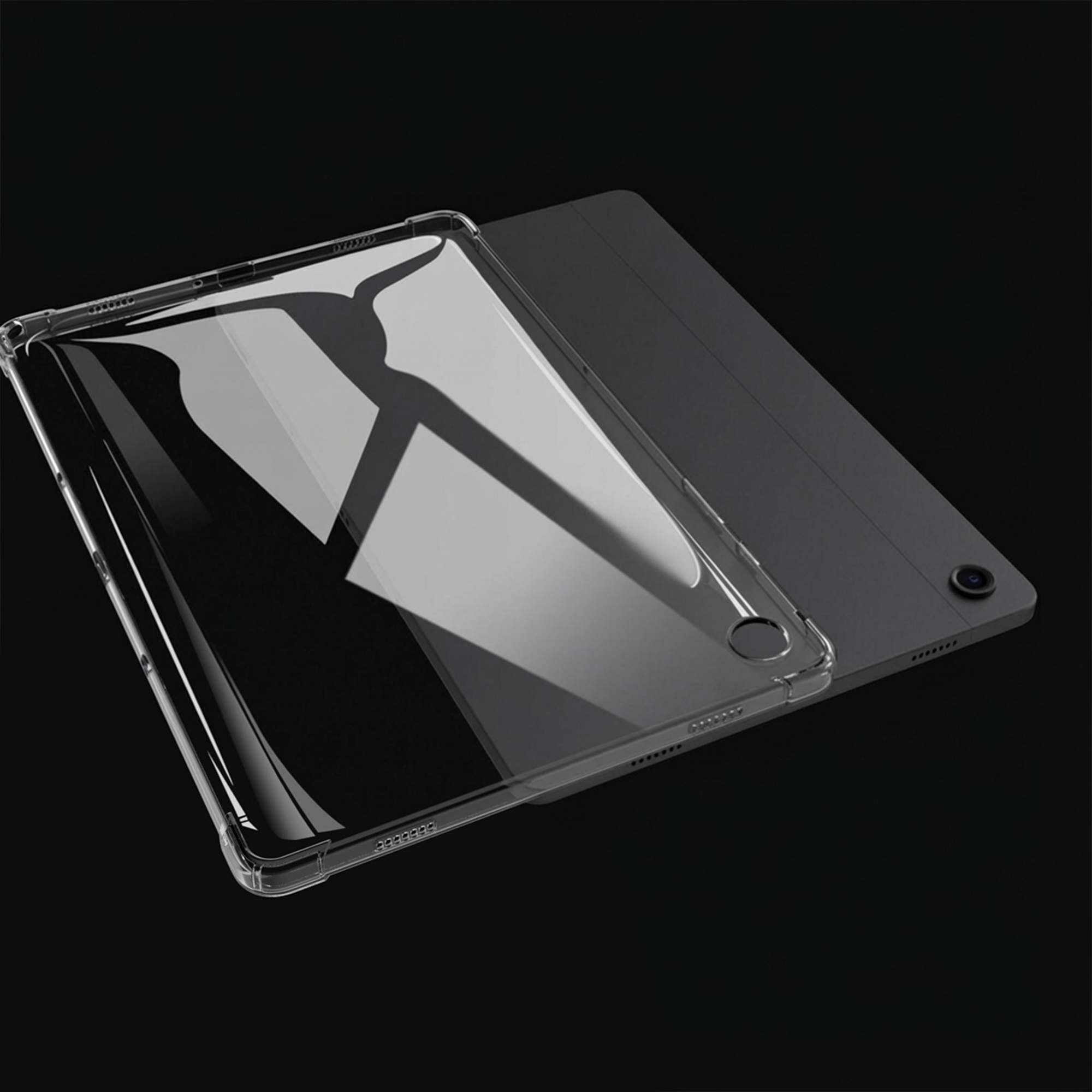 A dark tablet with a transparent protective case is shown from an angled top view against a black background.