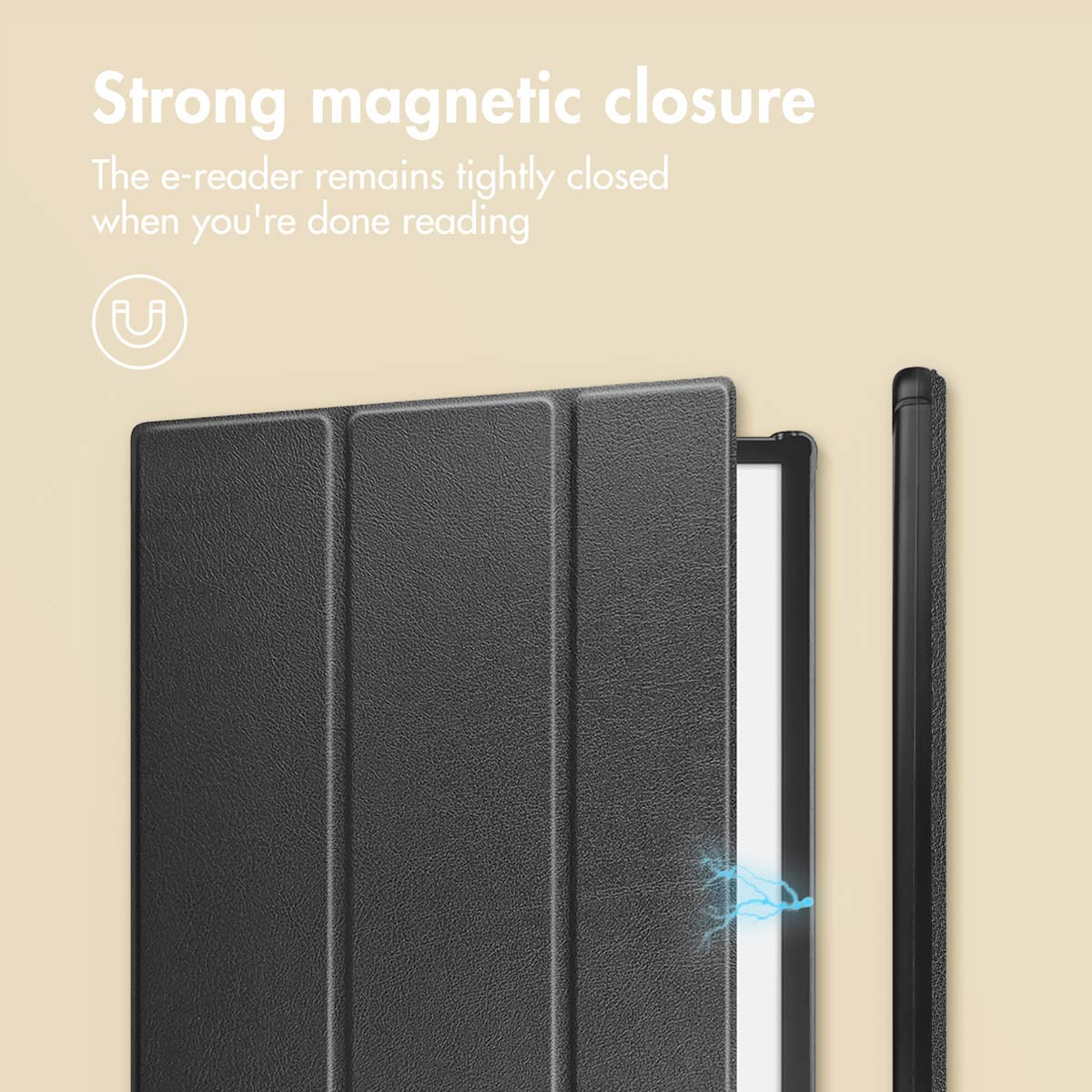 Advertentie voor een e-readerhoes met een sterke magnetische sluiting.