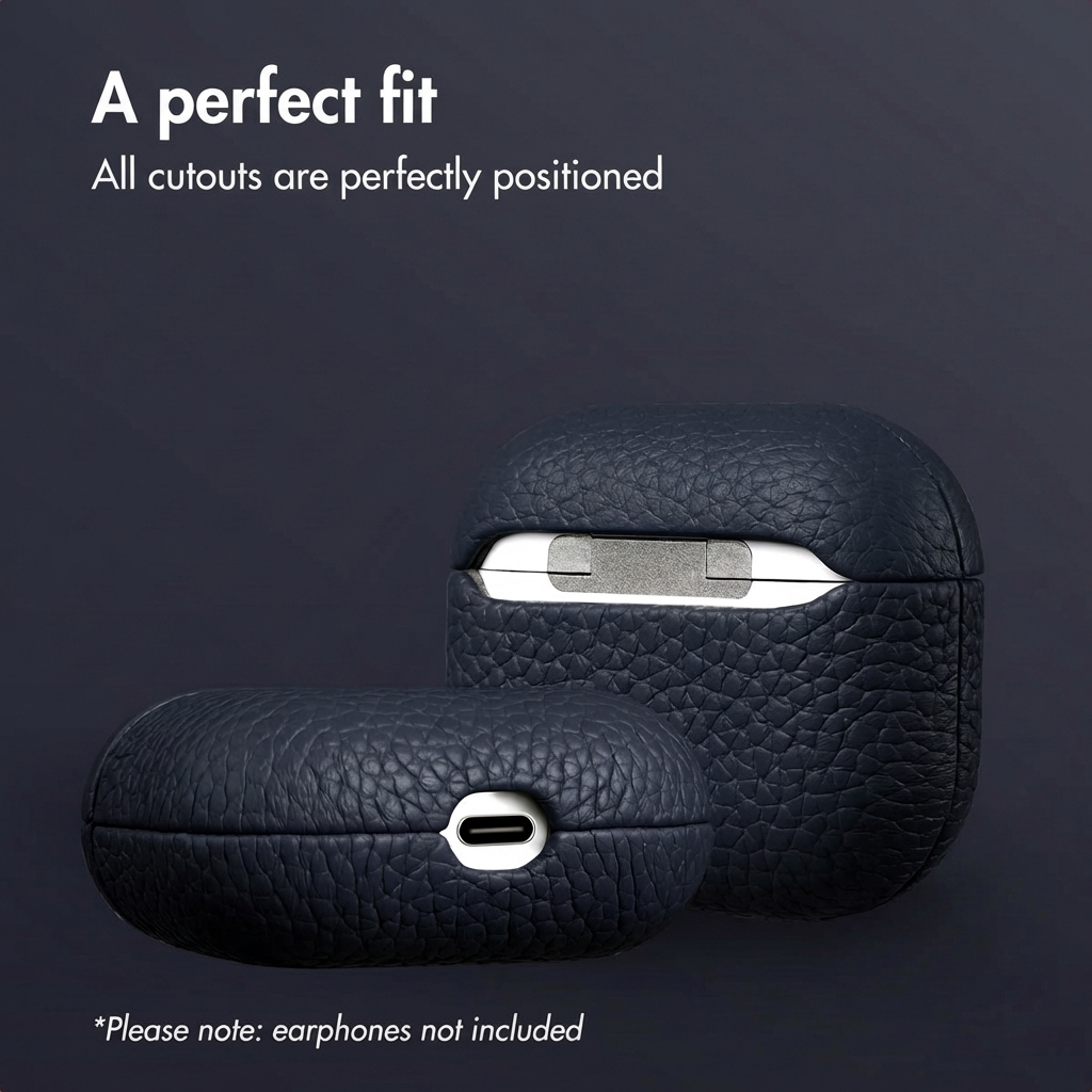 Fundas de cuero azul oscuro para AirPods sobre fondo oscuro con texto.