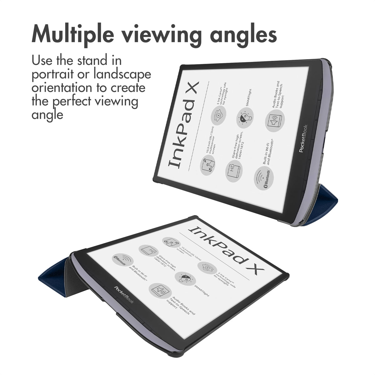 Twee PocketBook InkPad X e-readers in staande en liggende weergave met een blauwe standaard op witte achtergrond.