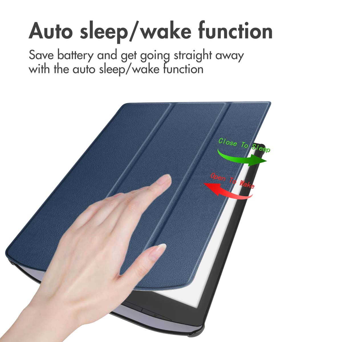 Blauwe e-reader hoes toont automatische slaap/waakfunctie met hand.