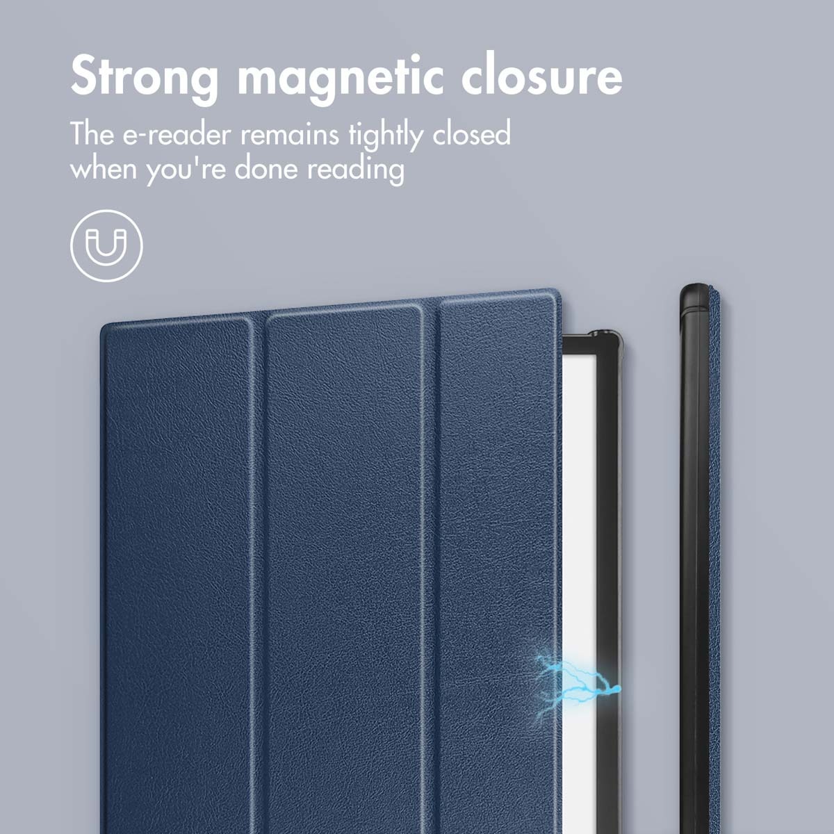 Blauwe e-readerhoes met sterke magnetische sluiting.