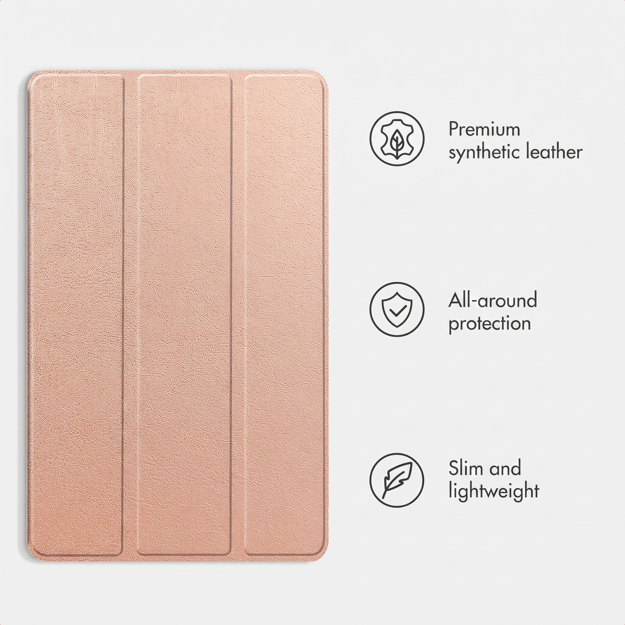 Custodia per tablet in oro rosa con texture in pelle e icone.