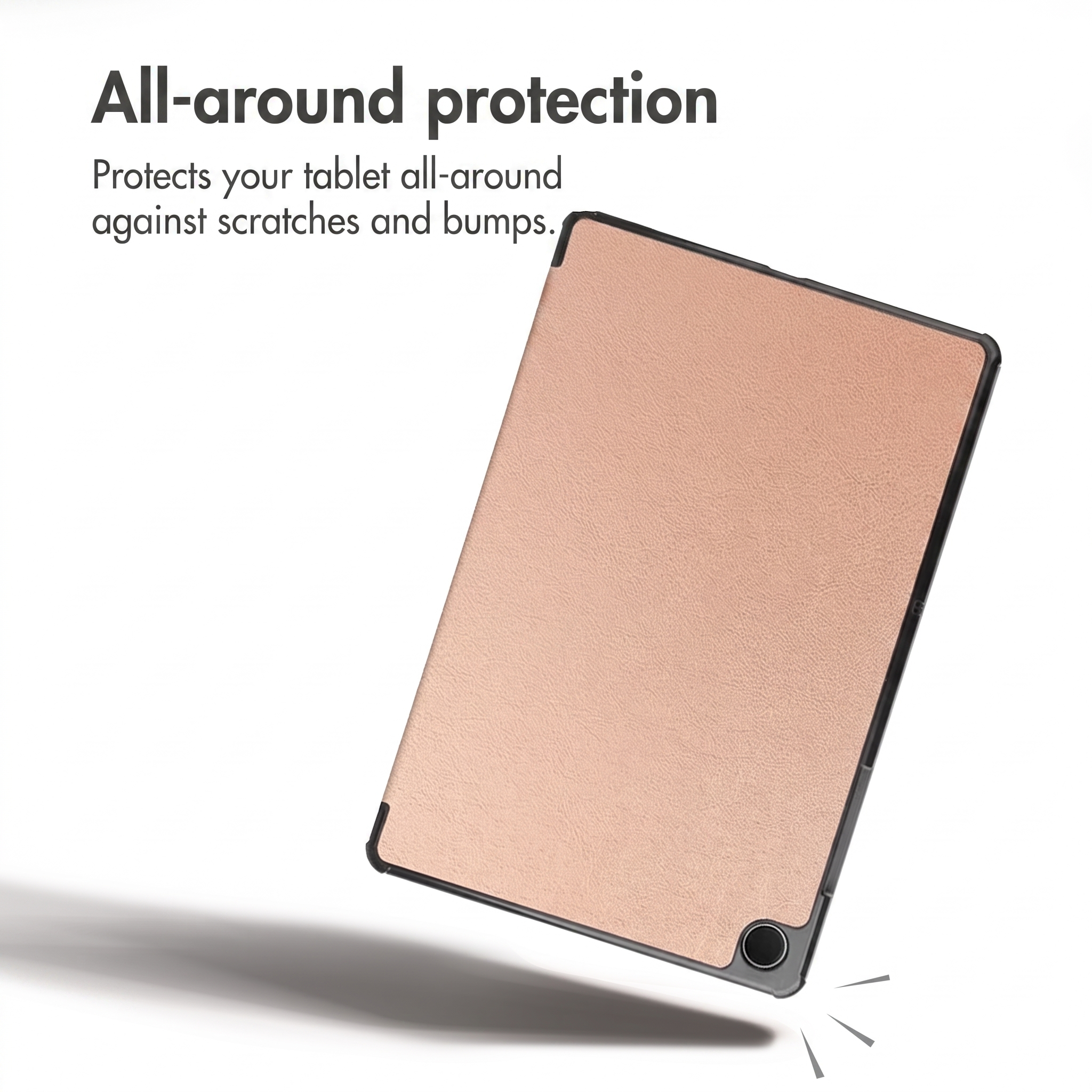 A rose gold tablet case with a black border provides all-around protection against scratches.