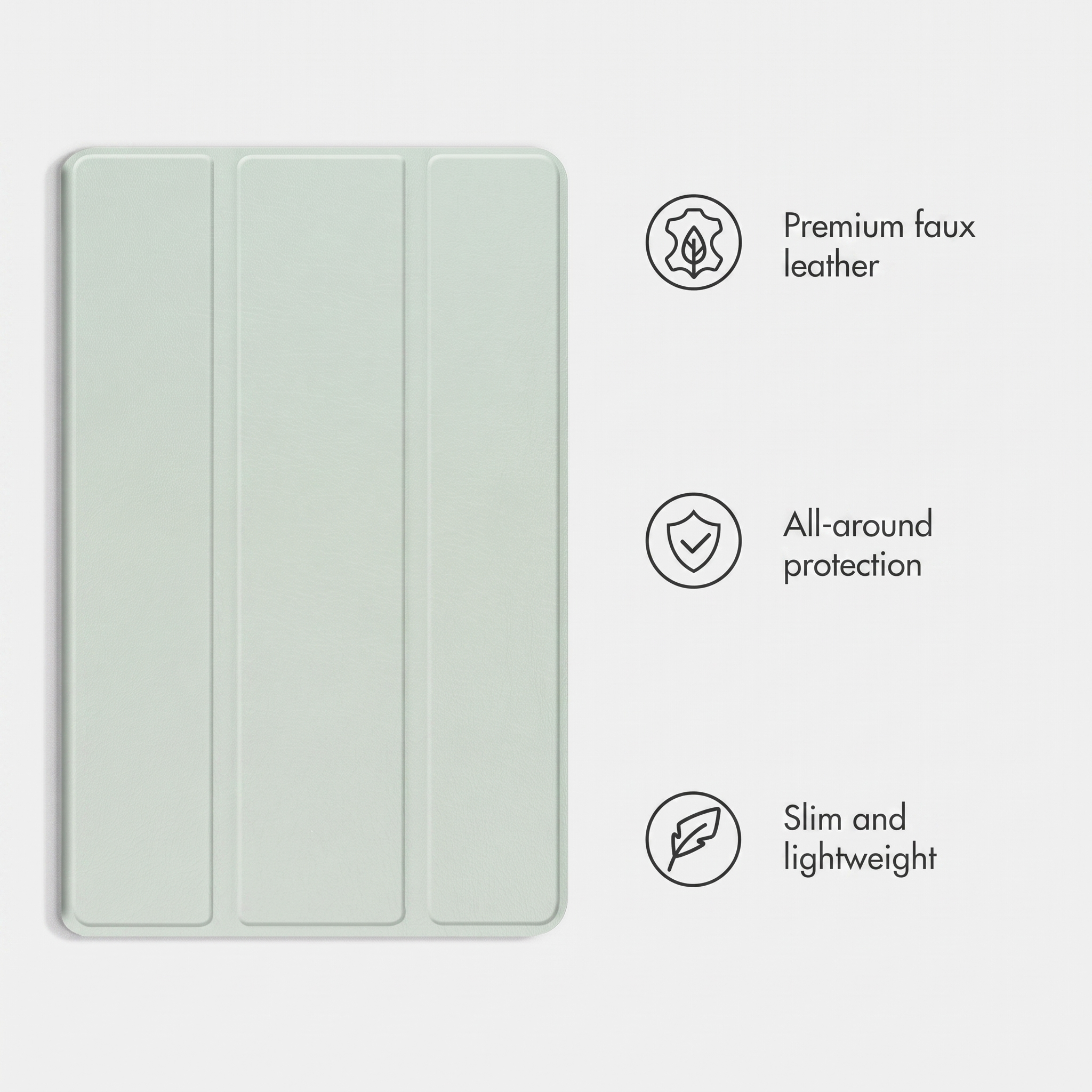 Una custodia per tablet verde chiaro con tre icone di caratteristiche per pelle, protezione e leggerezza.