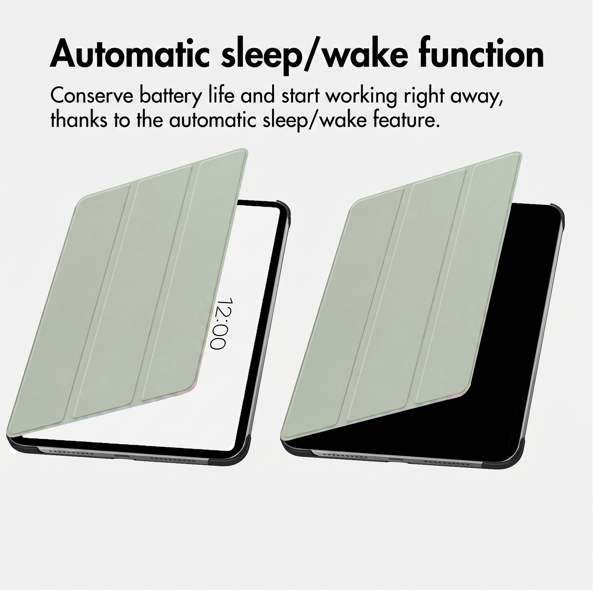 Due tablet con cover verde chiaro dimostrano la funzione di spegnimento e risveglio automatico.