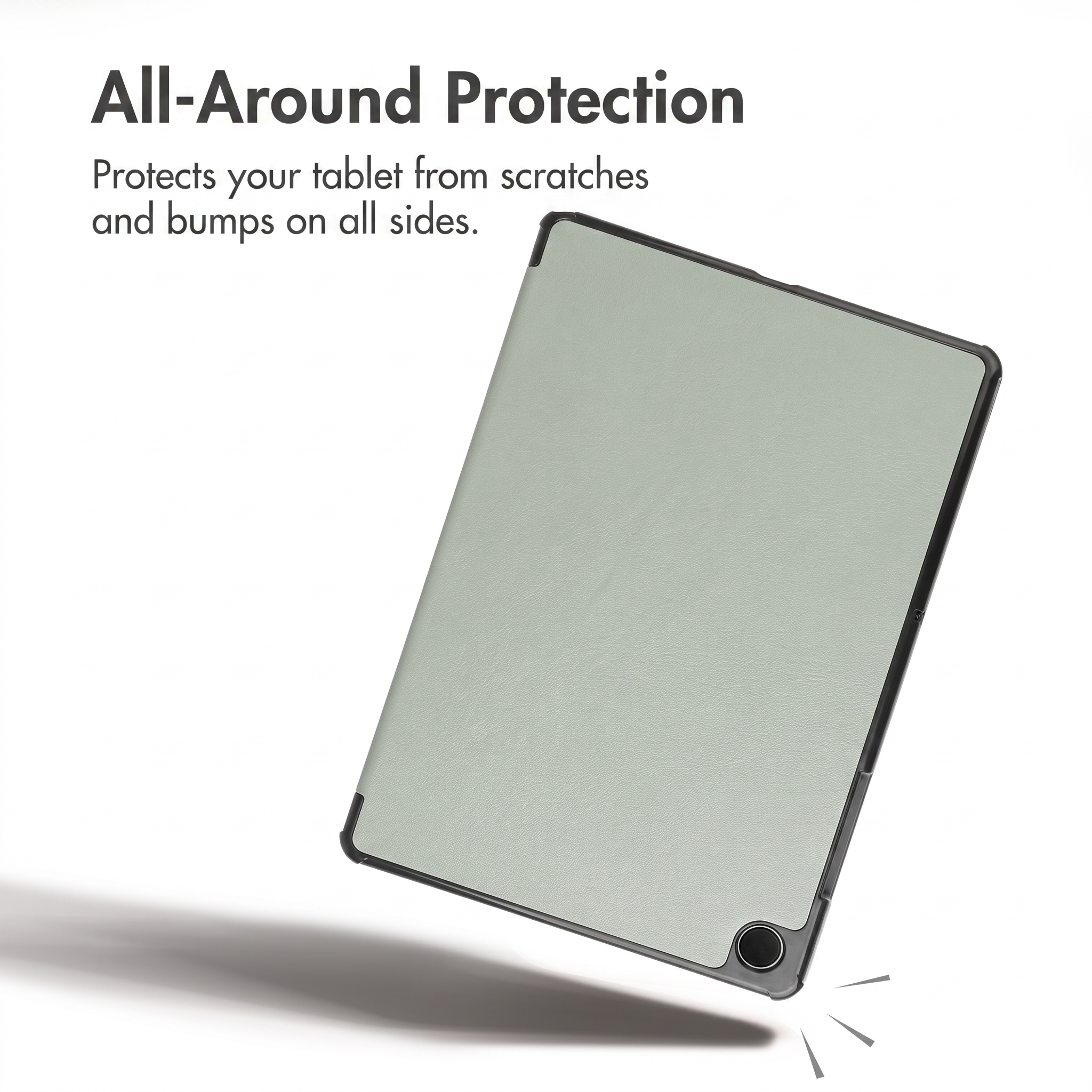 A tablet in a gray protective case with all-around protection text.