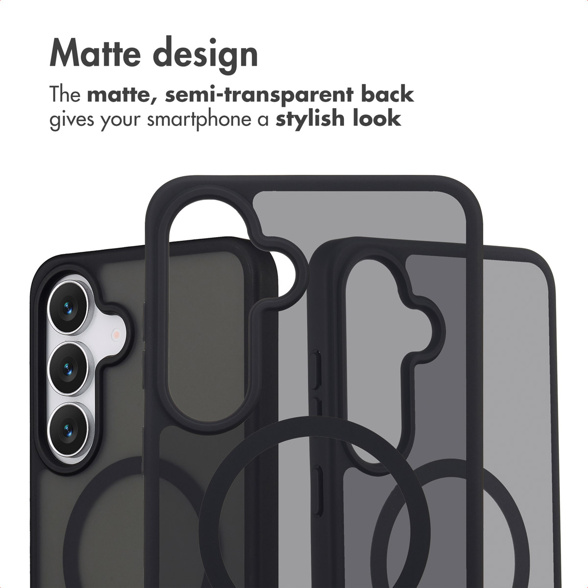 Drie matte, semi-transparante smartphonehoesjes met zwarte randen en camera-uitsparingen tegen een witte achtergrond.