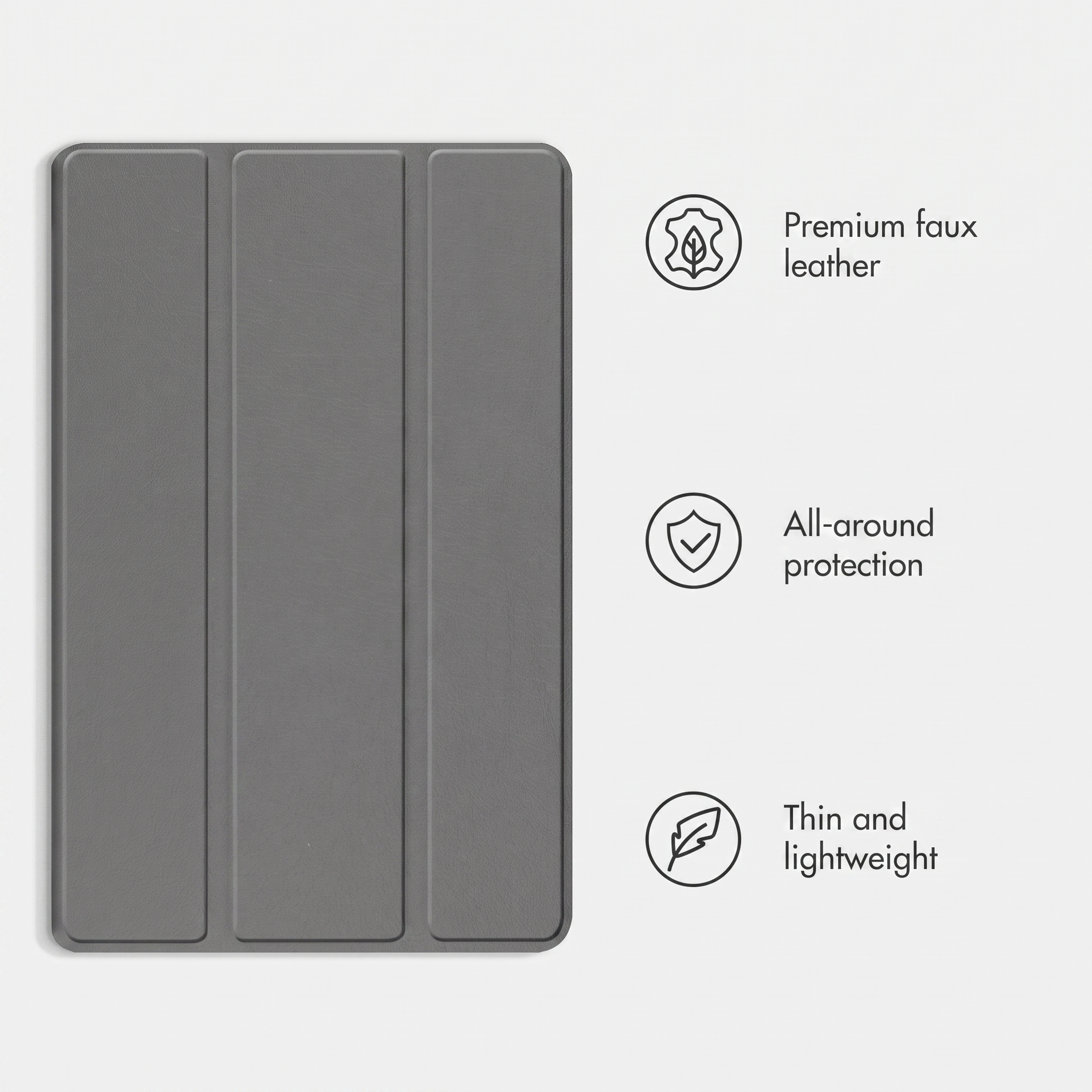 Custodia per tablet grigia a tre pieghe, con icone e testi su ecopelle premium, protezione totale e leggerezza.