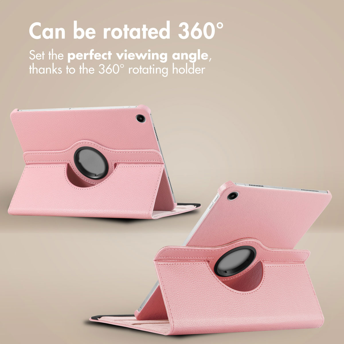 Two pink tablet cases with integrated 360-degree rotating holders on a beige background.