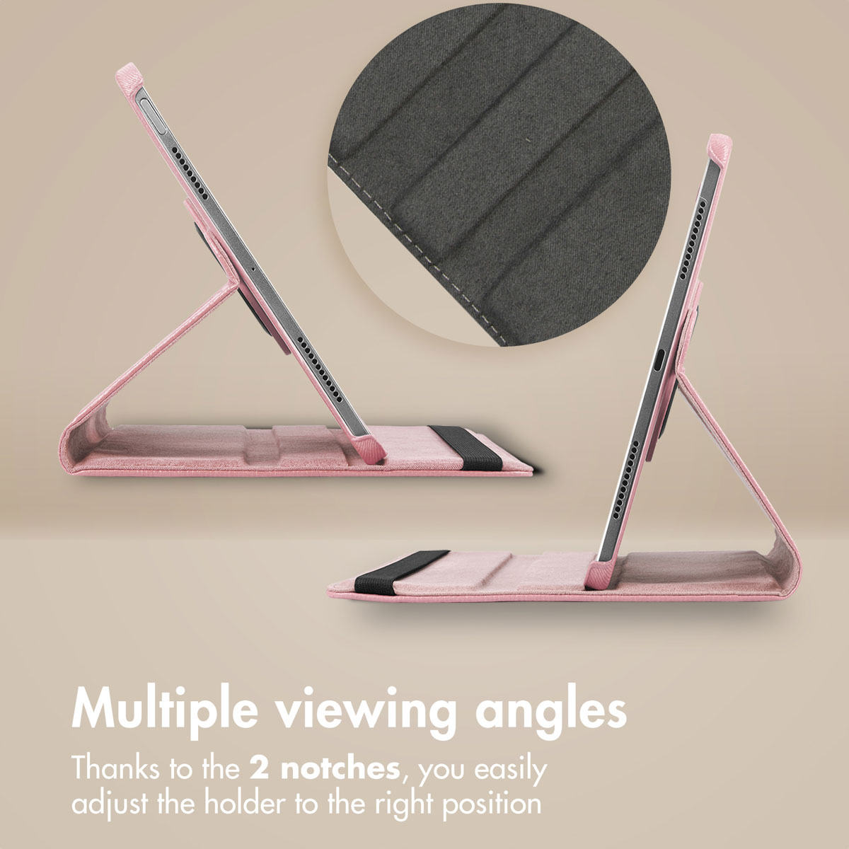 Pink tablet case shown at two viewing angles, featuring an integrated stand and textured interior.