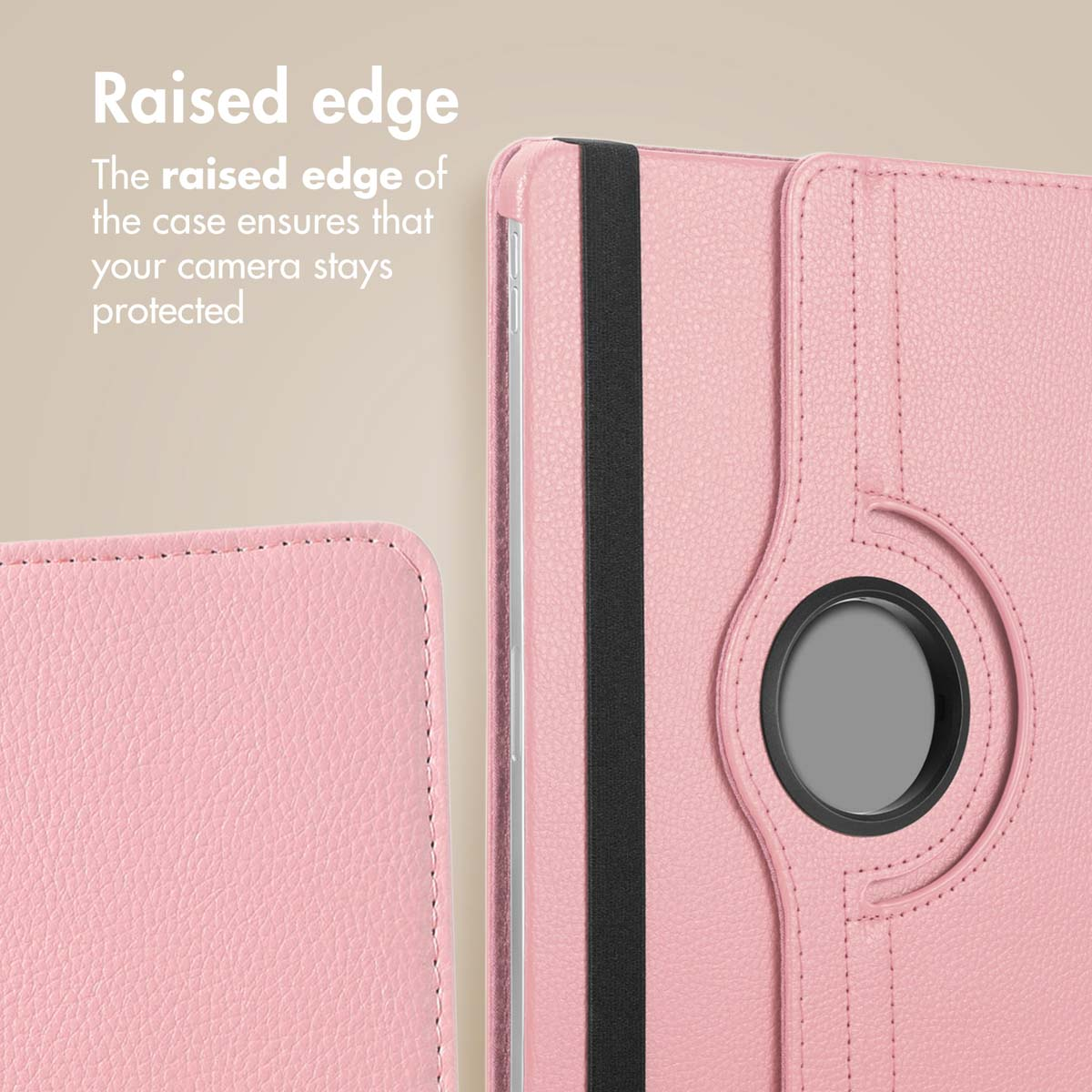 Pink tablet case showing raised edge for camera protection.
