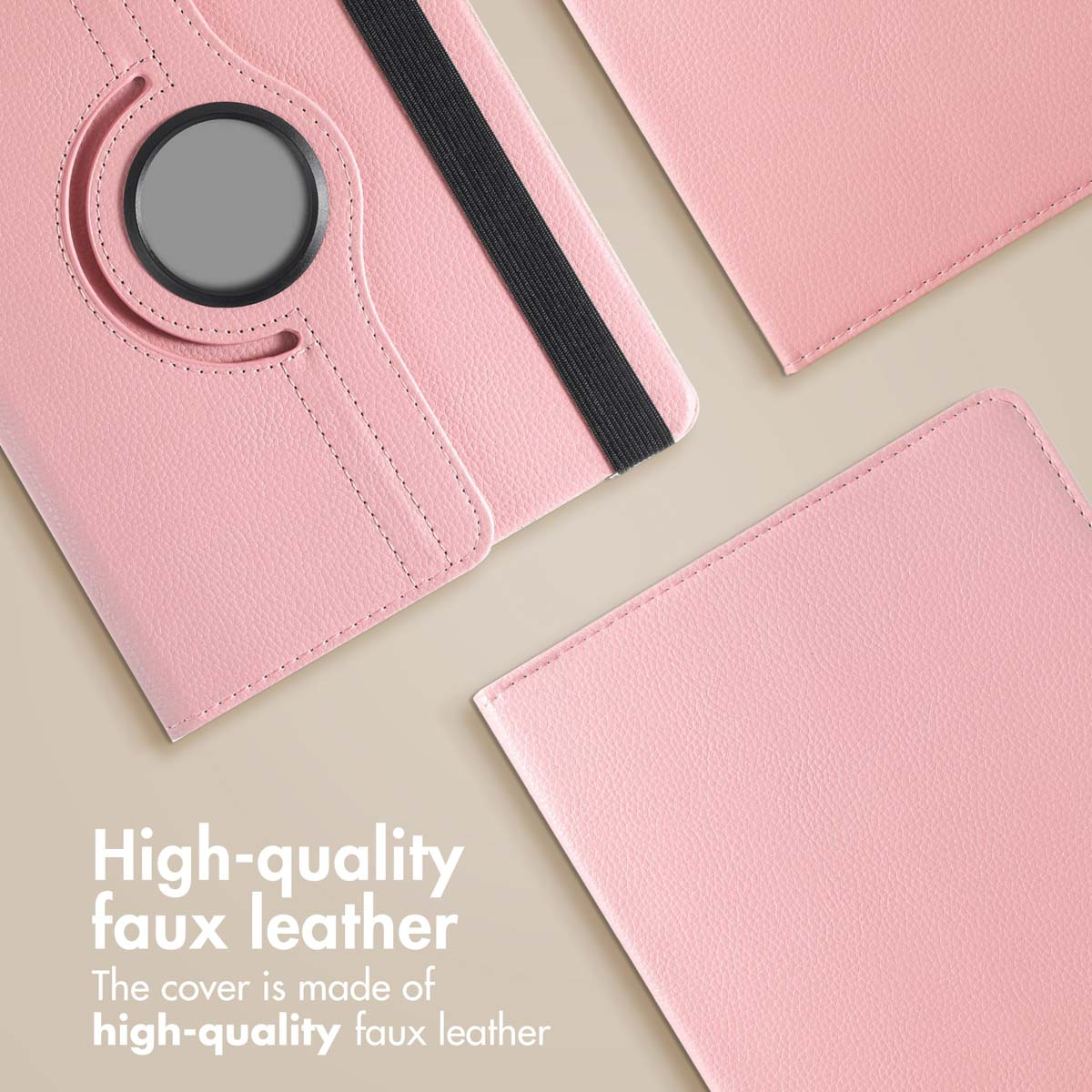 Pink faux leather tablet covers with black elastic and text.