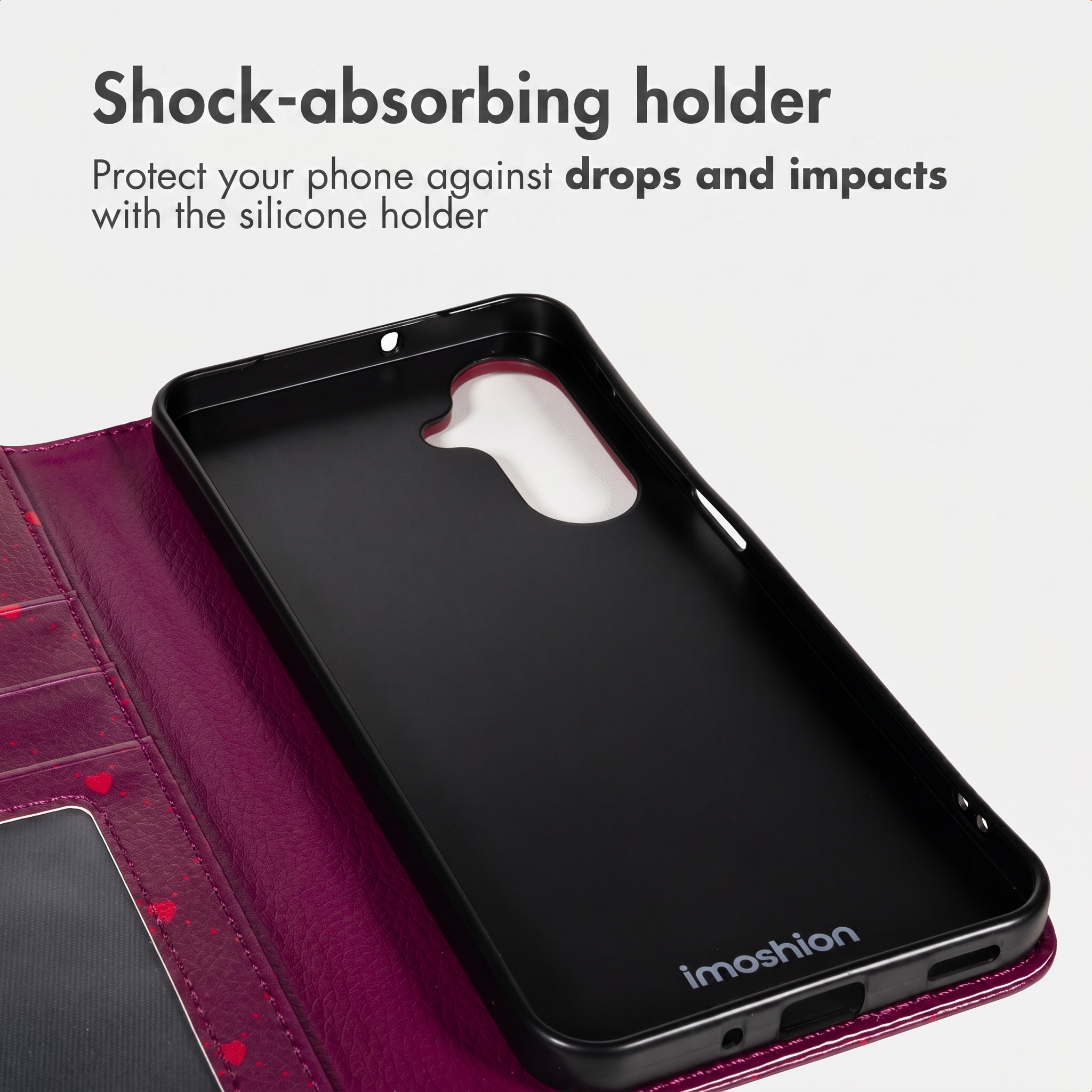 Paarse portemonnee telefoonhoesje met zwarte schokabsorberende houder.